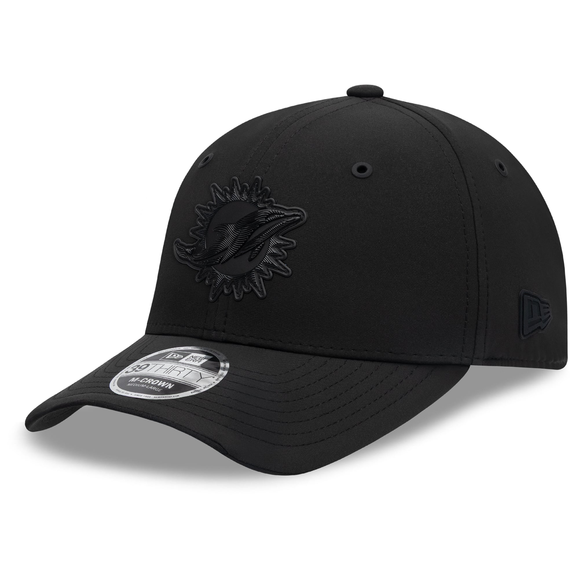Casquette extensible New Era noire Miami Dolphins 2026 Sideline 39THIRTY M-Crown pour homme