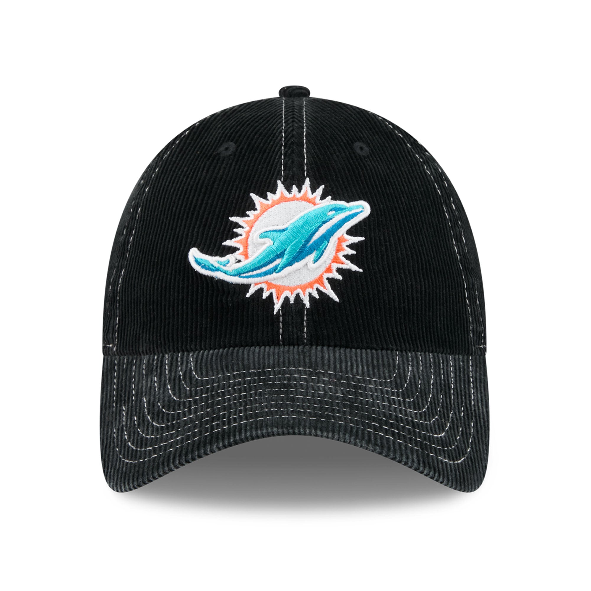 Casquette New Era noire pour homme, modèle Miami Dolphins, en velours côtelé, style classique décontracté et ajustable