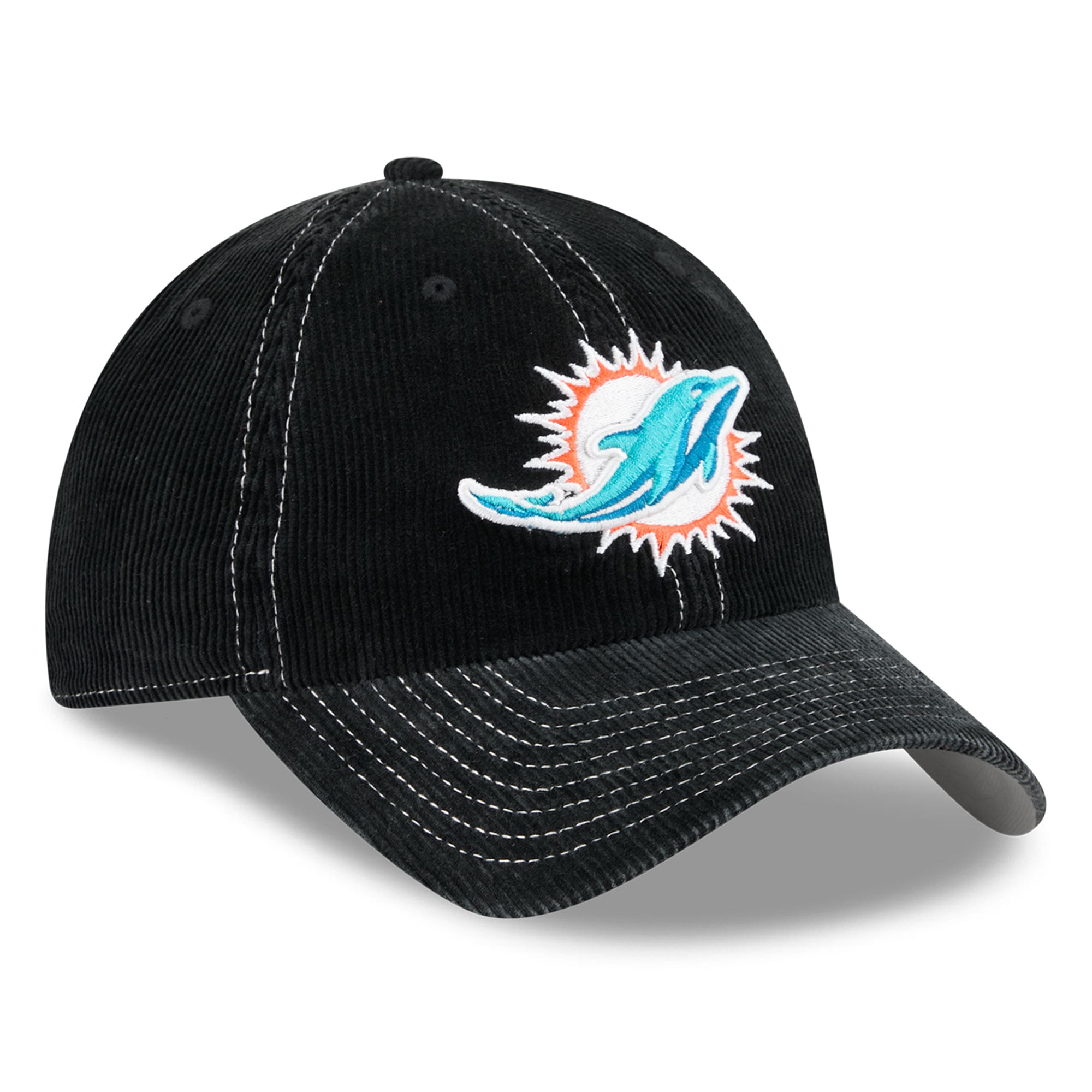 Casquette New Era noire pour homme, modèle Miami Dolphins, en velours côtelé, style classique décontracté et ajustable