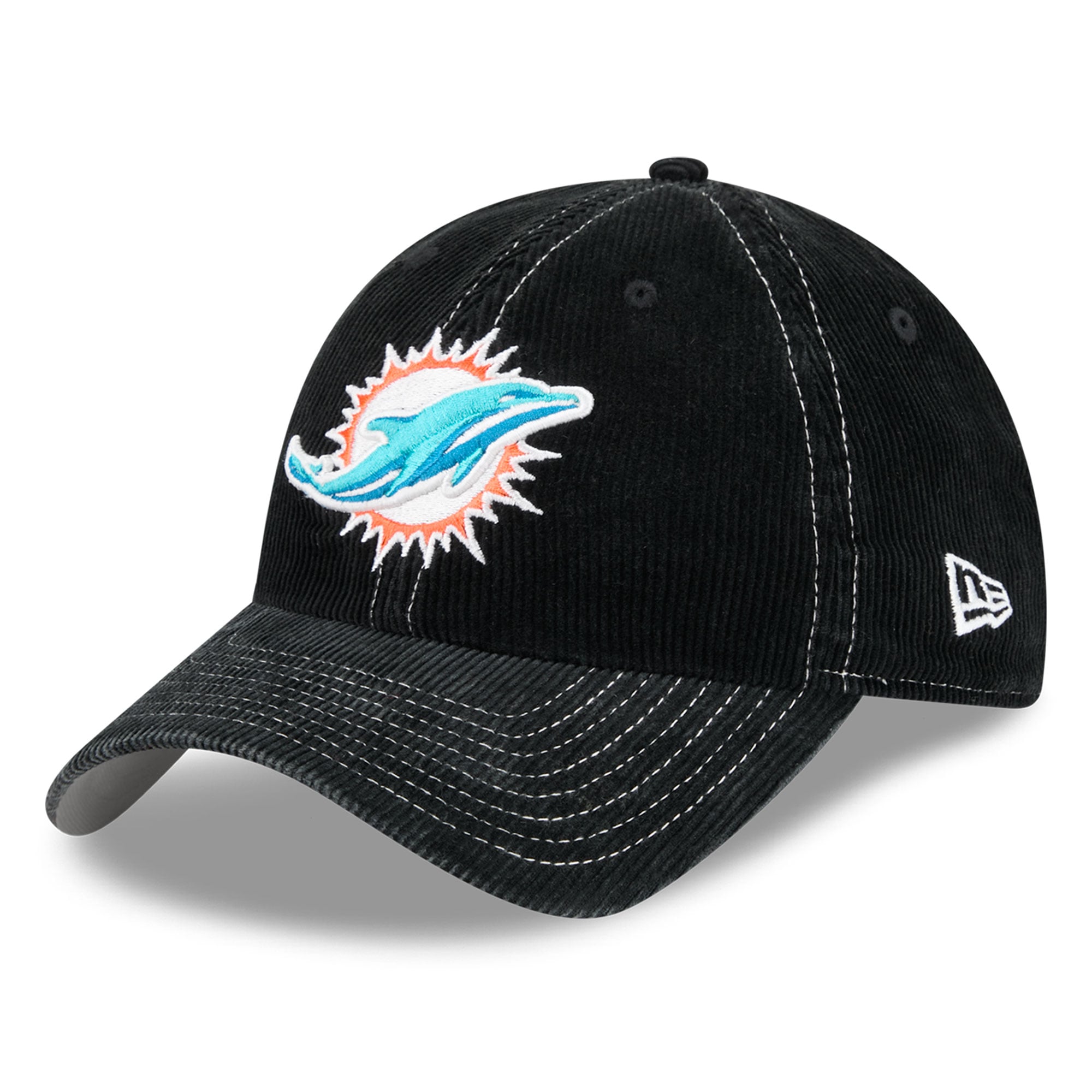 Casquette New Era noire pour homme, modèle Miami Dolphins, en velours côtelé, style classique décontracté et ajustable