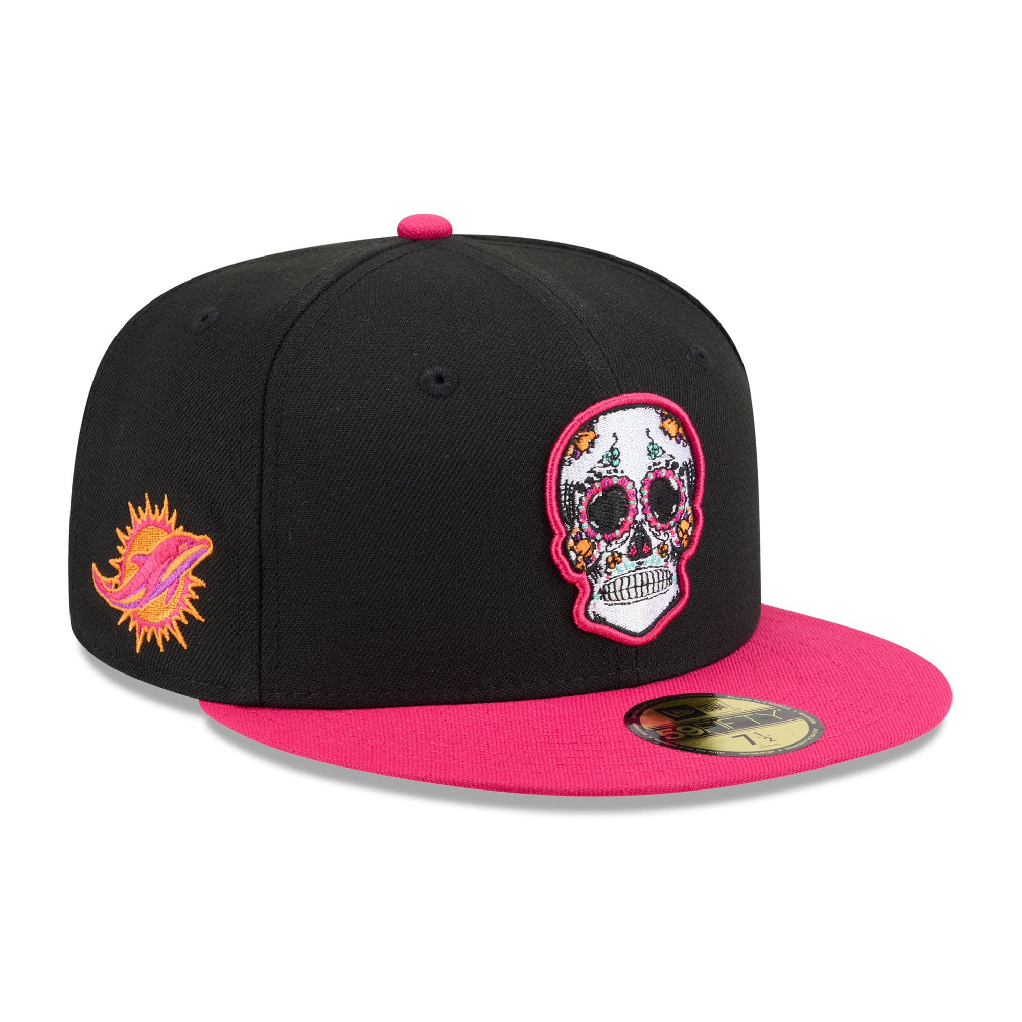 Casquette ajustée New Era 59FIFTY pour homme, noire et rose, Miami Dolphins, édition spéciale Jour des Morts