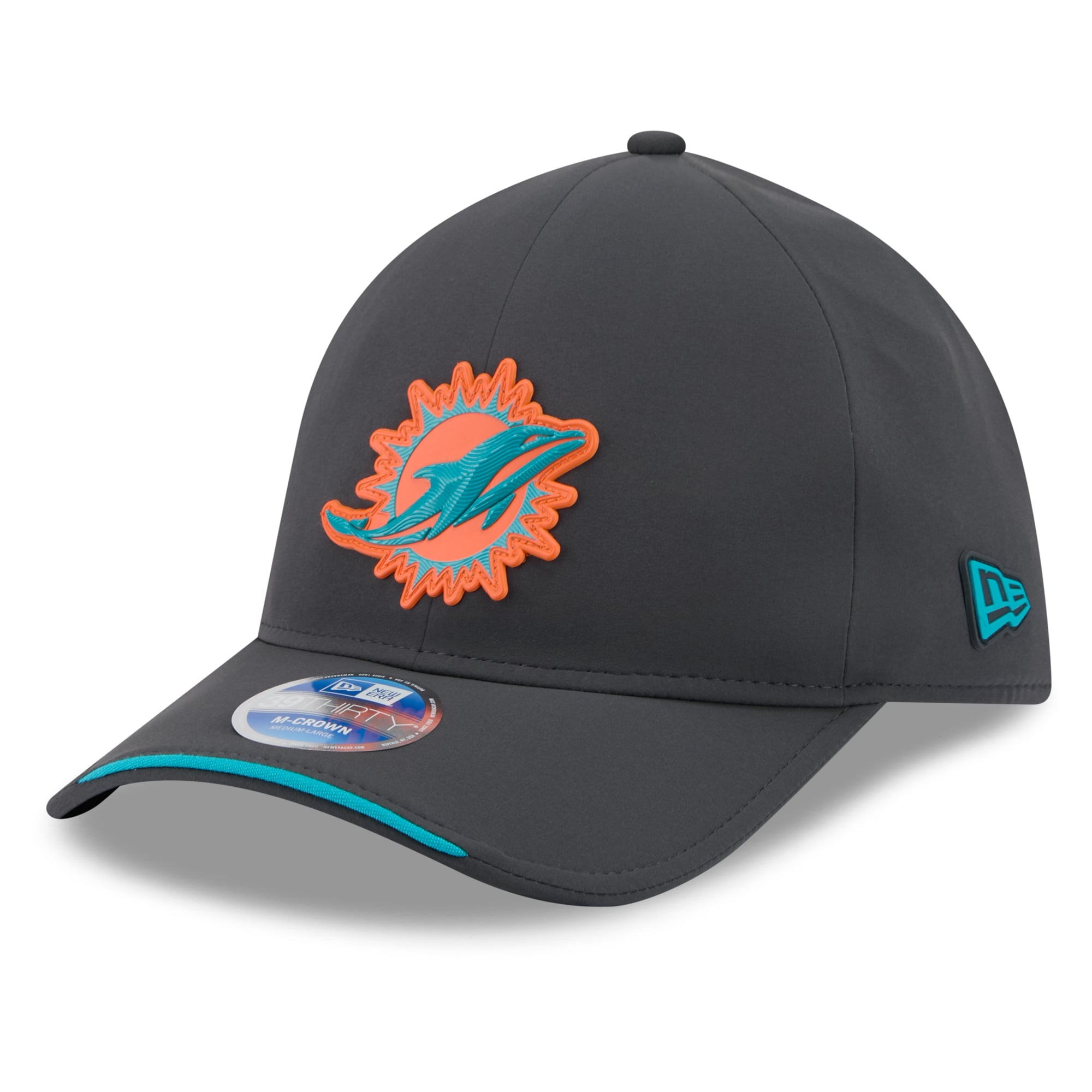 Casquette extensible New Era 39THIRTY M-Crown pour homme, couleur anthracite, Miami Dolphins 2026, idéale les temps froids.