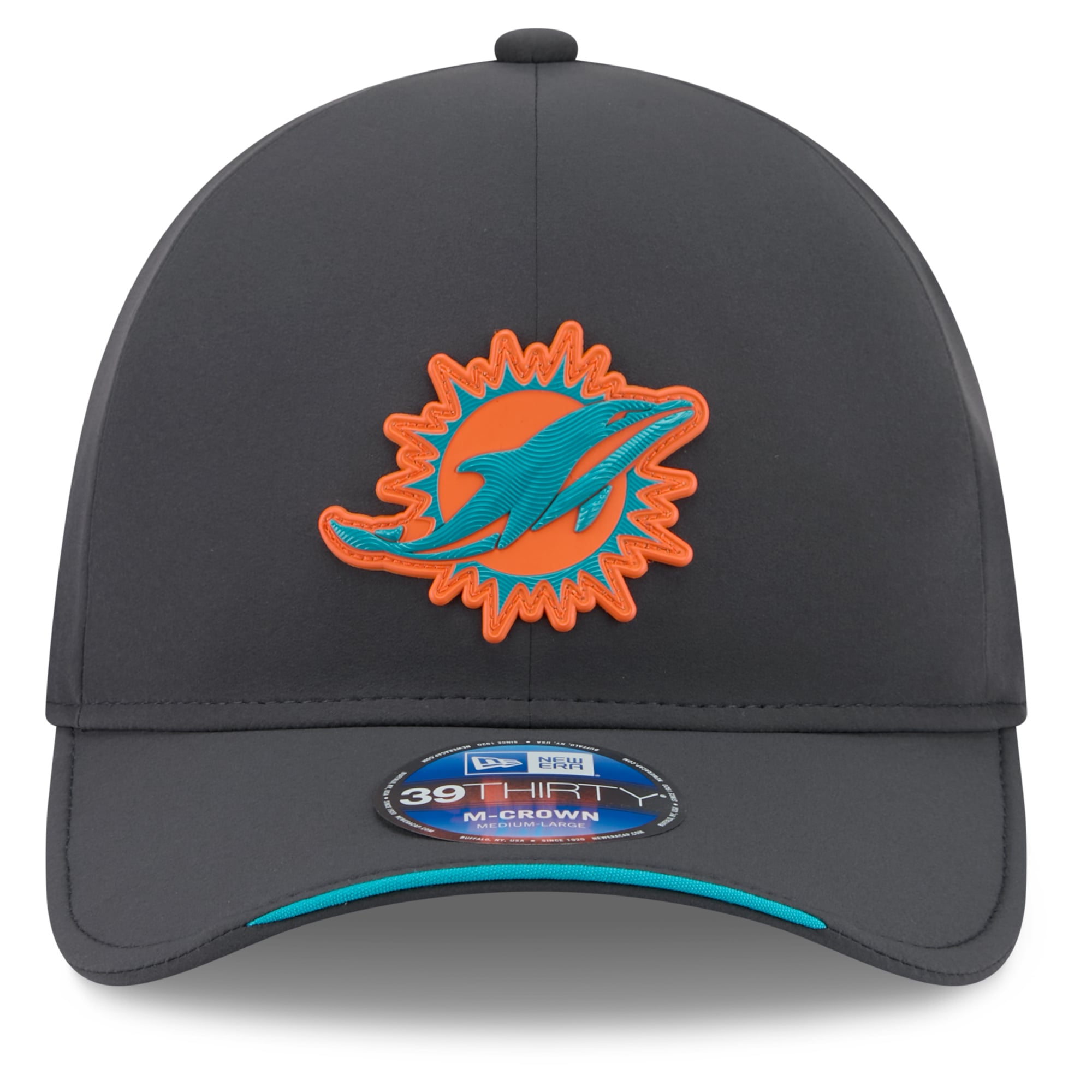 Casquette extensible New Era 39THIRTY M-Crown pour homme, couleur anthracite, Miami Dolphins 2026, idéale les temps froids.