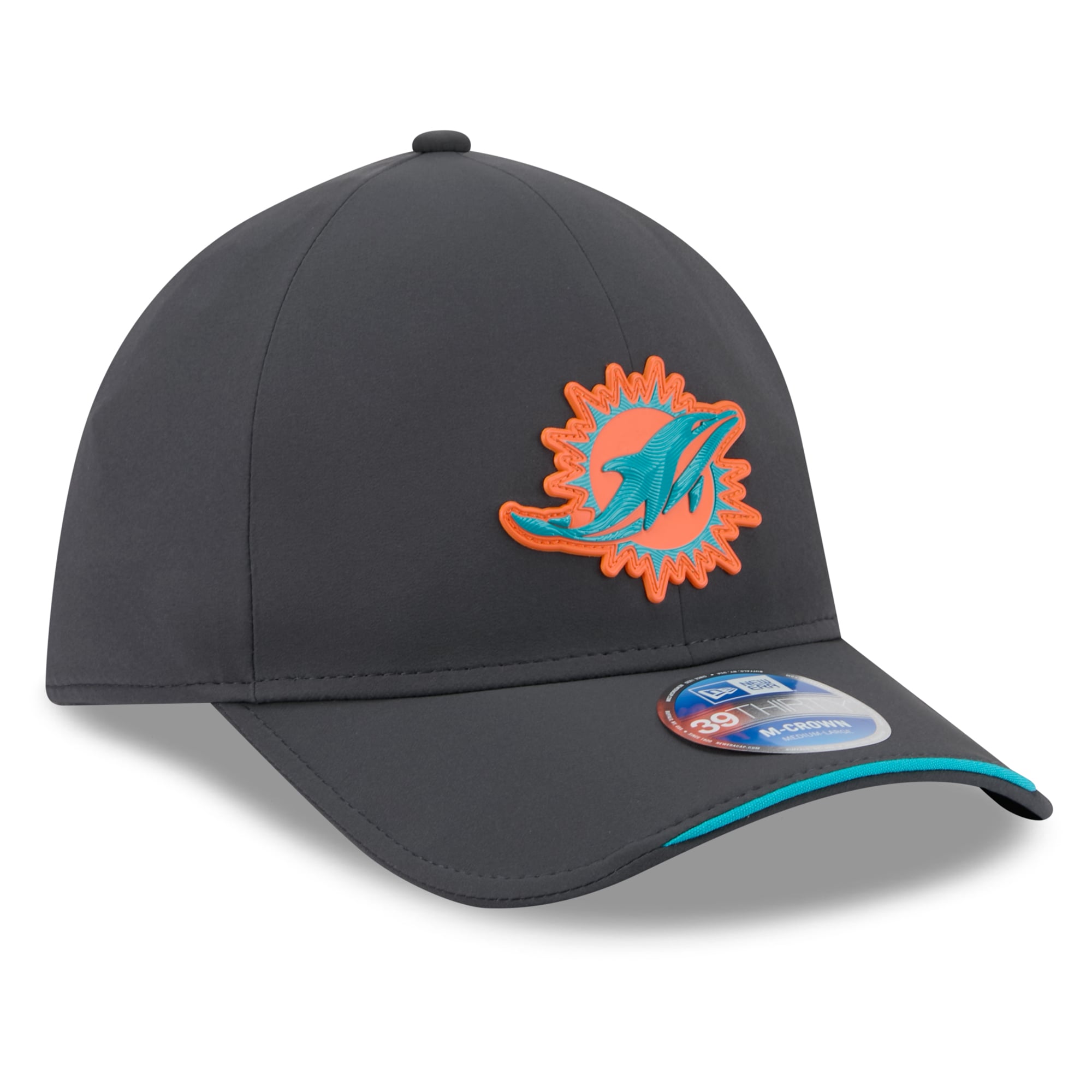 Casquette extensible New Era 39THIRTY M-Crown pour homme, couleur anthracite, Miami Dolphins 2026, idéale les temps froids.