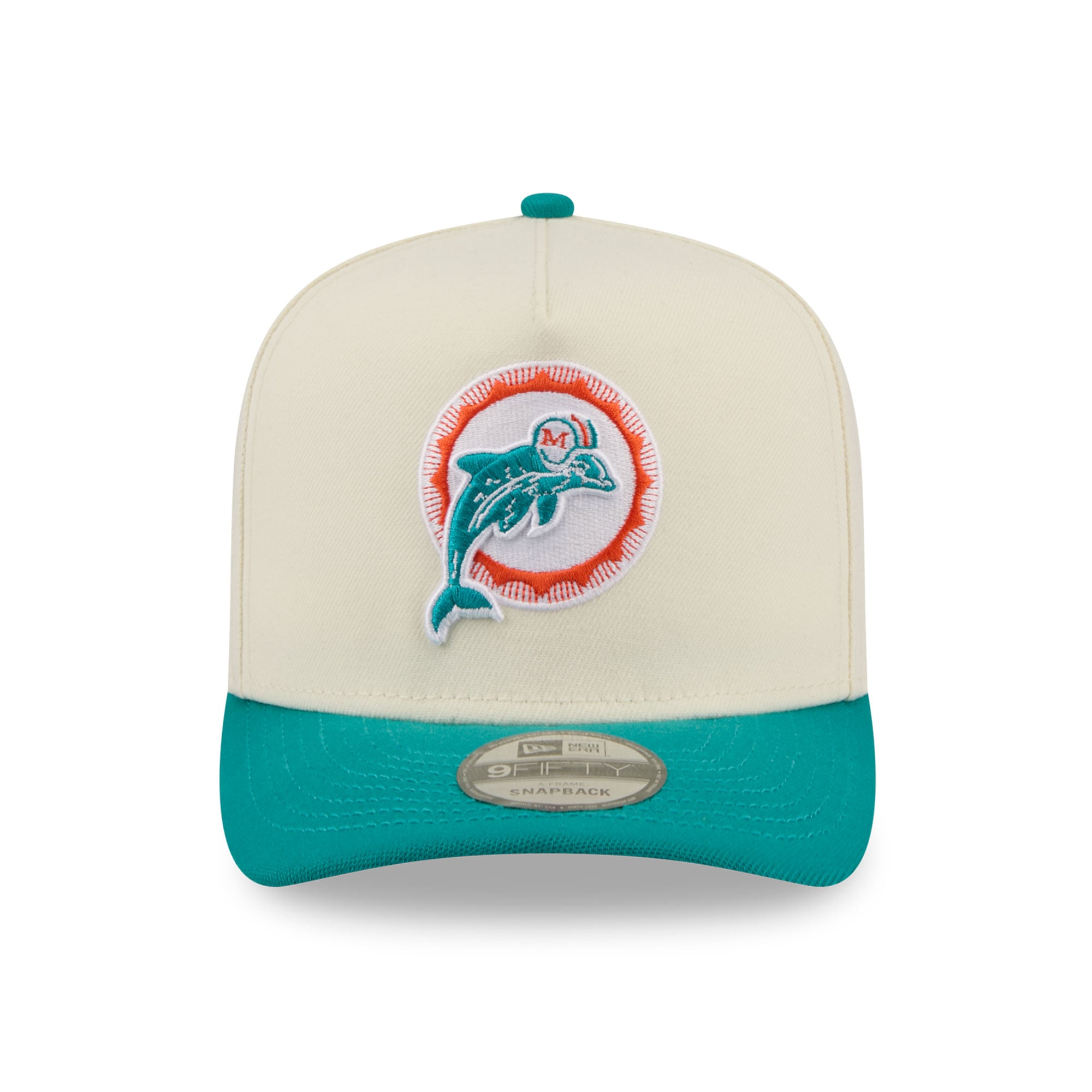 Men's New Era Cream/Aqua Miami Dolphins Rear Wordmark A-Frame 9FIFTY Snapback Hat
