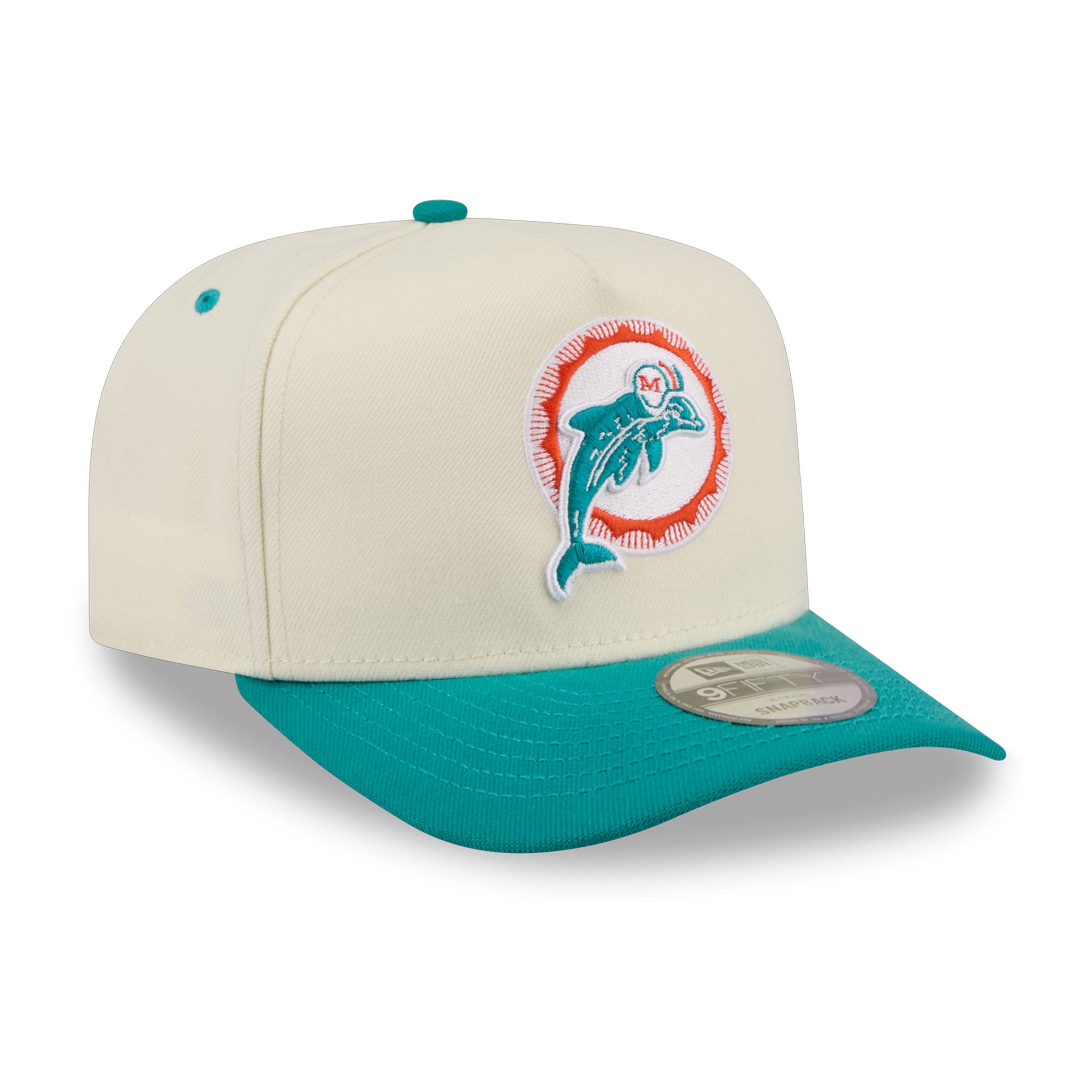 Men's New Era Cream/Aqua Miami Dolphins Rear Wordmark A-Frame 9FIFTY Snapback Hat