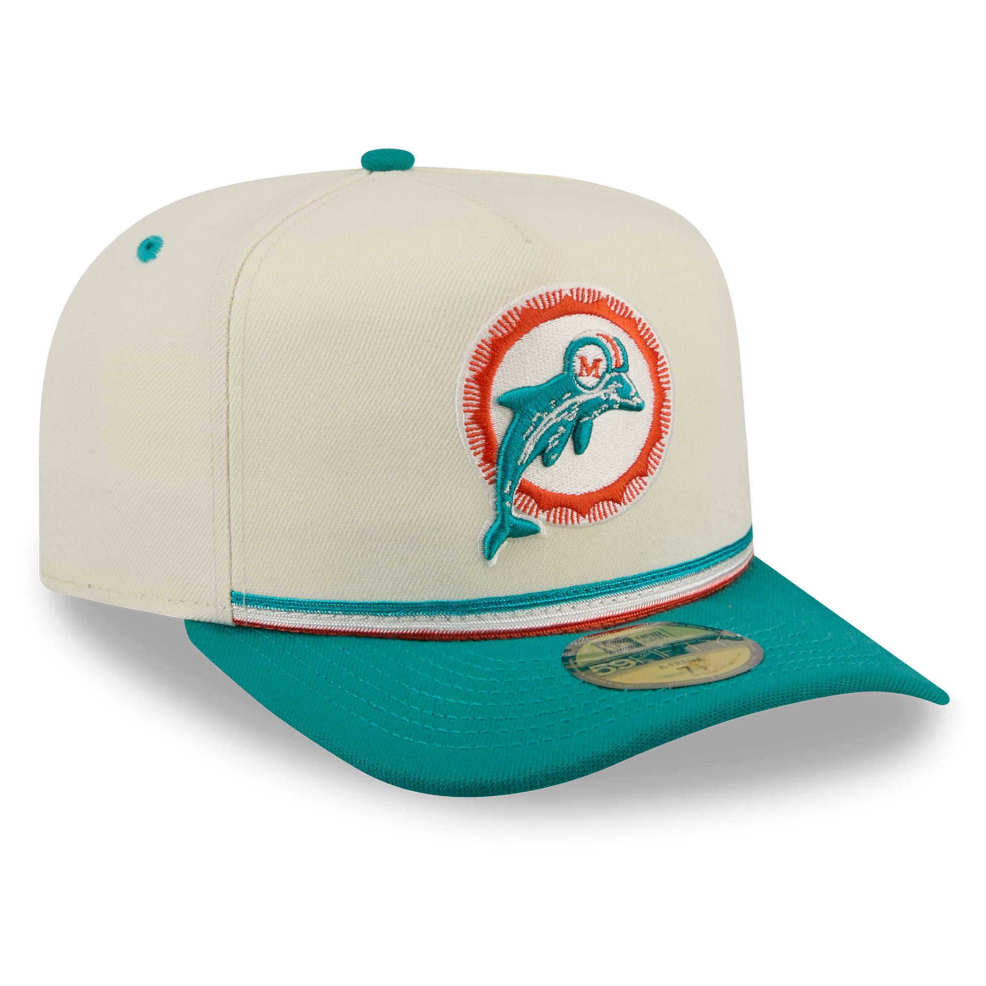 Men's New Era Cream/Aqua Miami Dolphins Throwback A-Frame 59FIFTY Fitted Hat