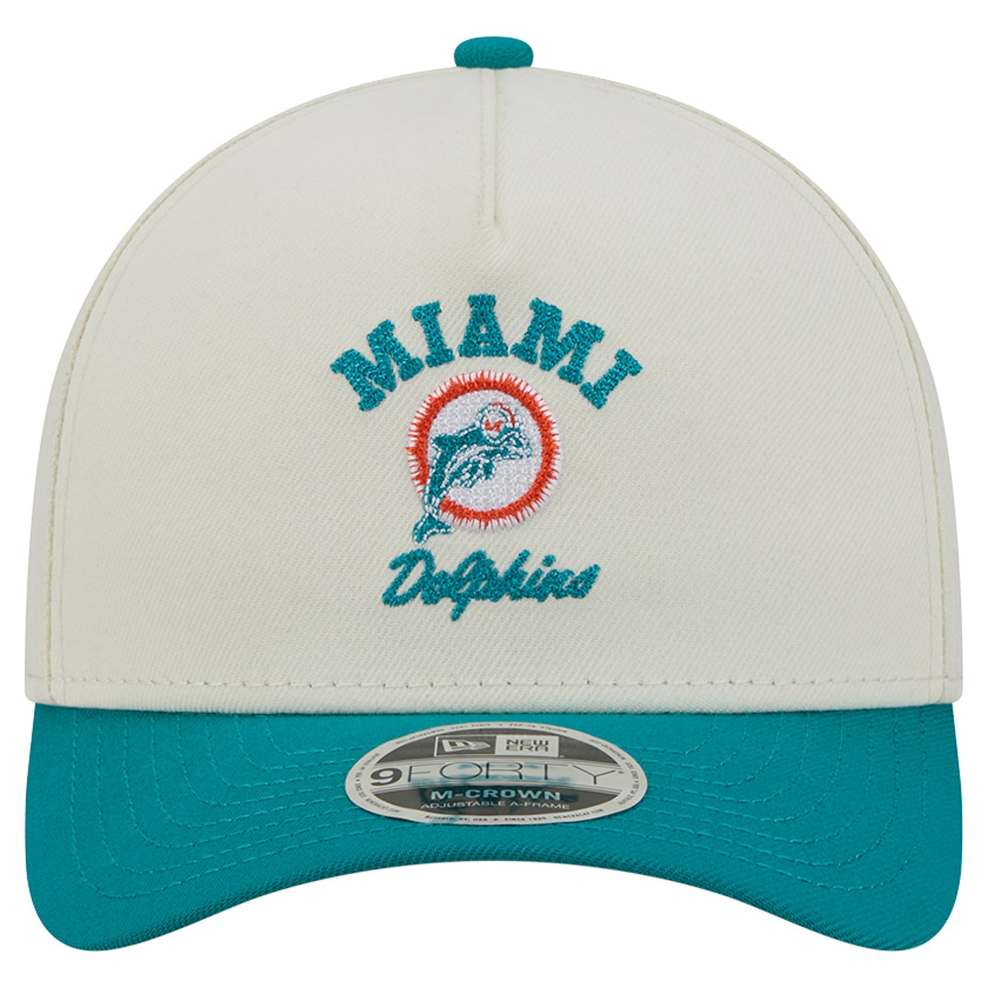 Casquette New Era pour homme, crème/turquoise, Miami Dolphins Throwback Arch 9FORTY, modèle A-Frame M-Crown, ajustable