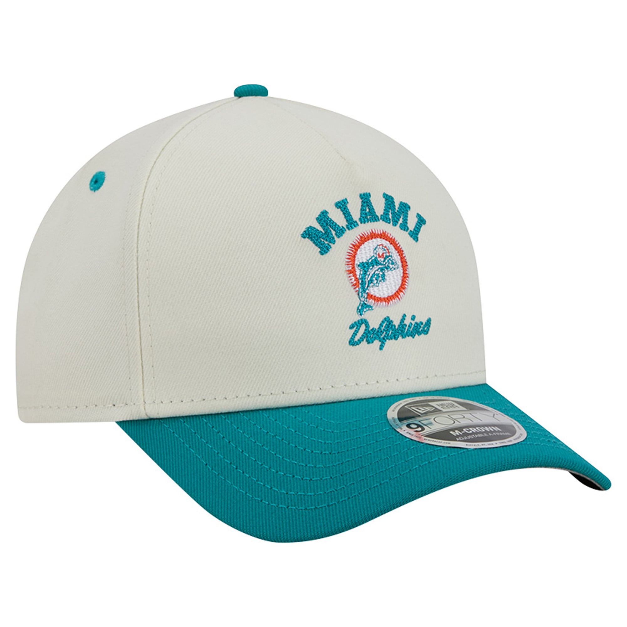 Casquette New Era pour homme, crème/turquoise, Miami Dolphins Throwback Arch 9FORTY, modèle A-Frame M-Crown, ajustable