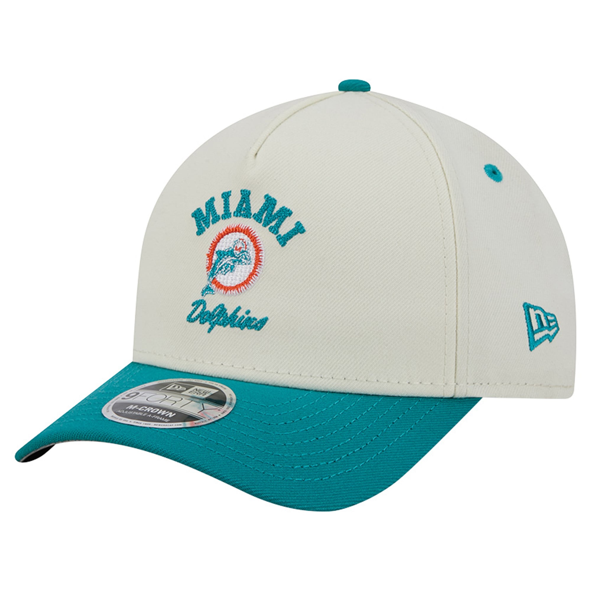 Casquette New Era pour homme, crème/turquoise, Miami Dolphins Throwback Arch 9FORTY, modèle A-Frame M-Crown, ajustable
