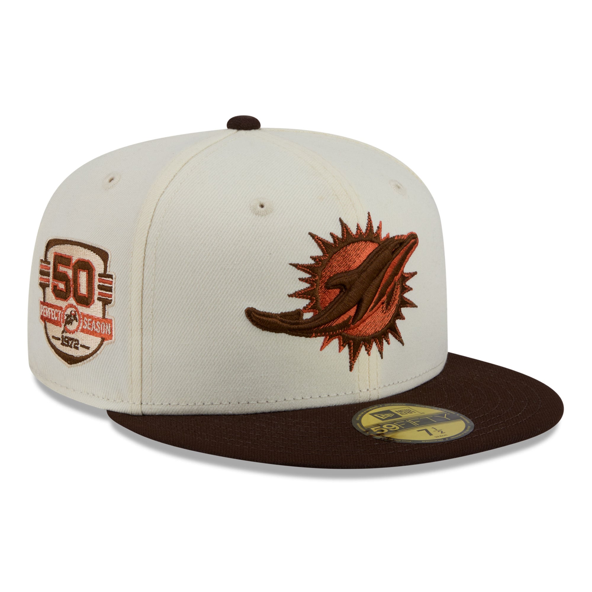 Casquette ajustée New Era 59FIFTY pour homme, couleur crème/marron, Miami Dolphins, motif citrouille épicée