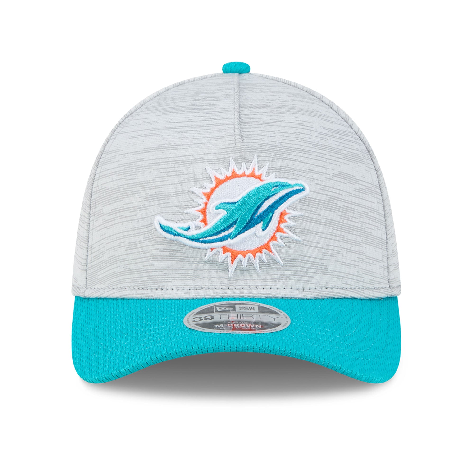 Casquette New Era Flex pour homme, grise et turquoise, Miami Dolphins Tech M-Crown A-Frame 39THIRTY