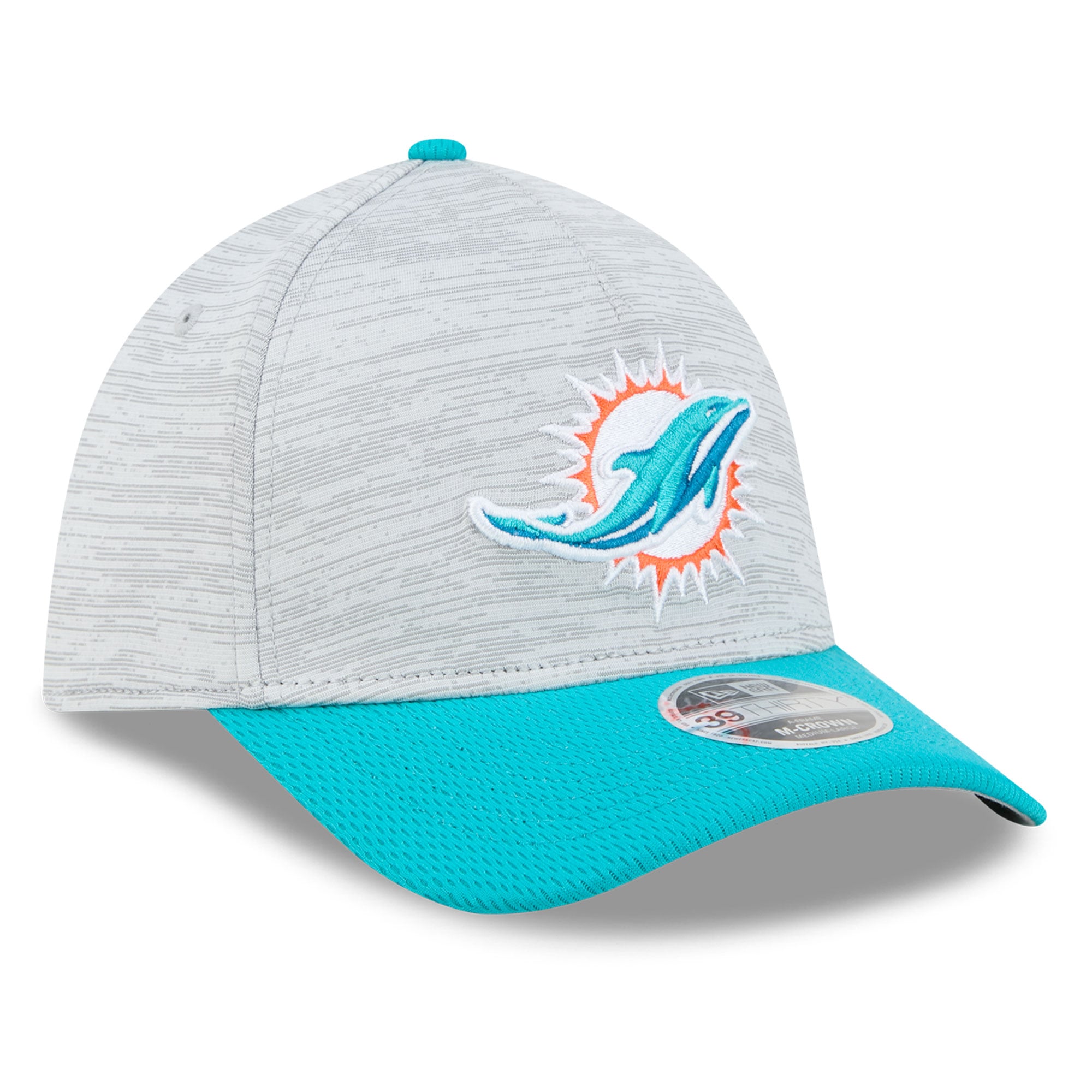 Casquette New Era Flex pour homme, grise et turquoise, Miami Dolphins Tech M-Crown A-Frame 39THIRTY