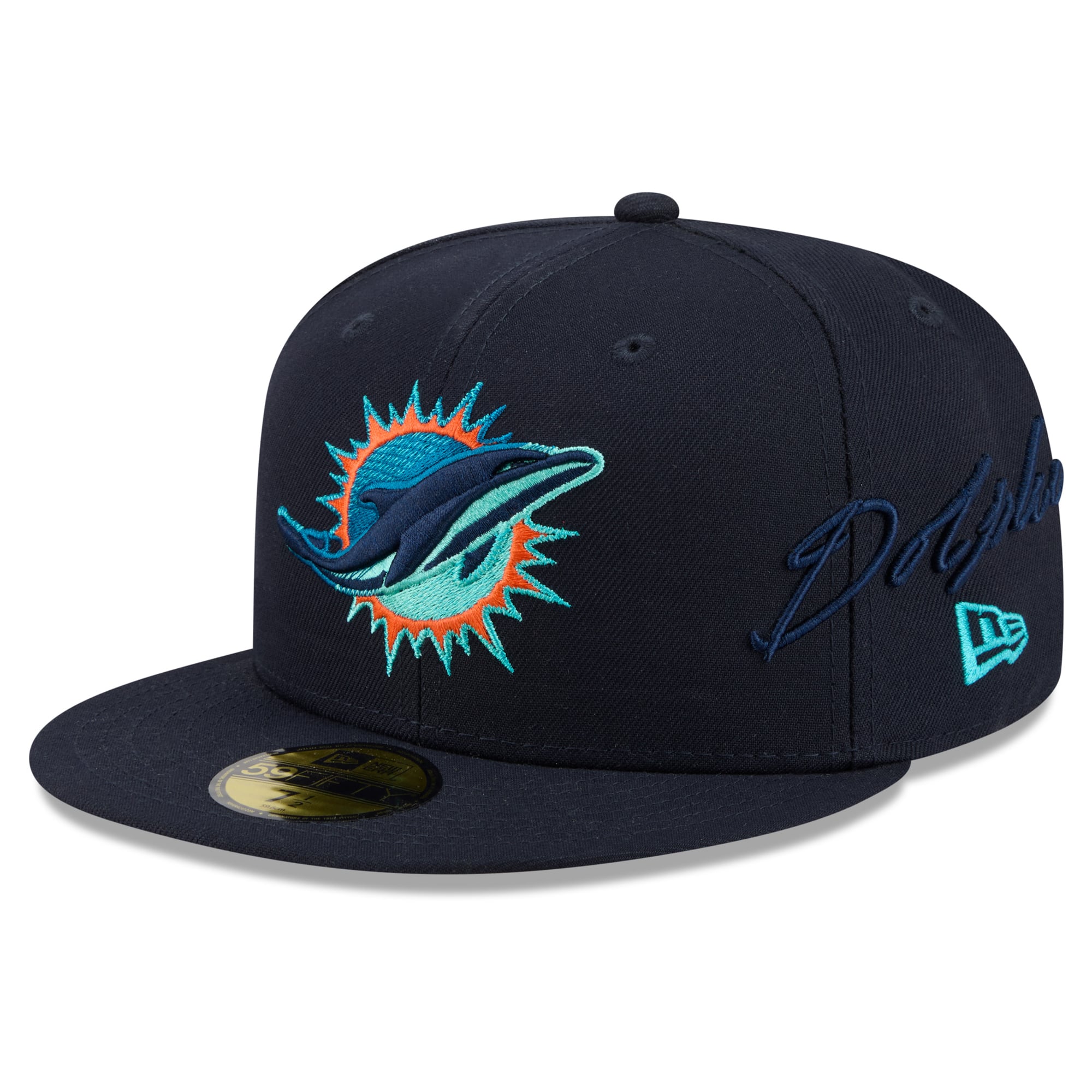 Men's New Era Navy Miami Dolphins Rivalries Collection Fan Pack Side Script 59FIFTY Fitted Hat