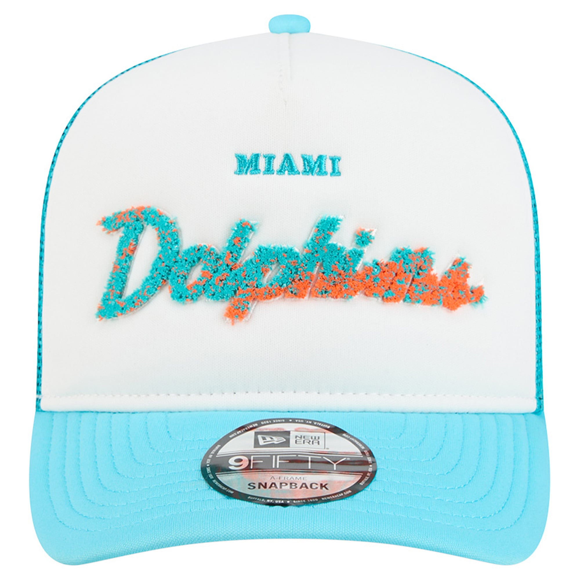 Casquette trucker New Era 9FIFTY Snapback blanche et turquoise Miami Dolphins pour homme
