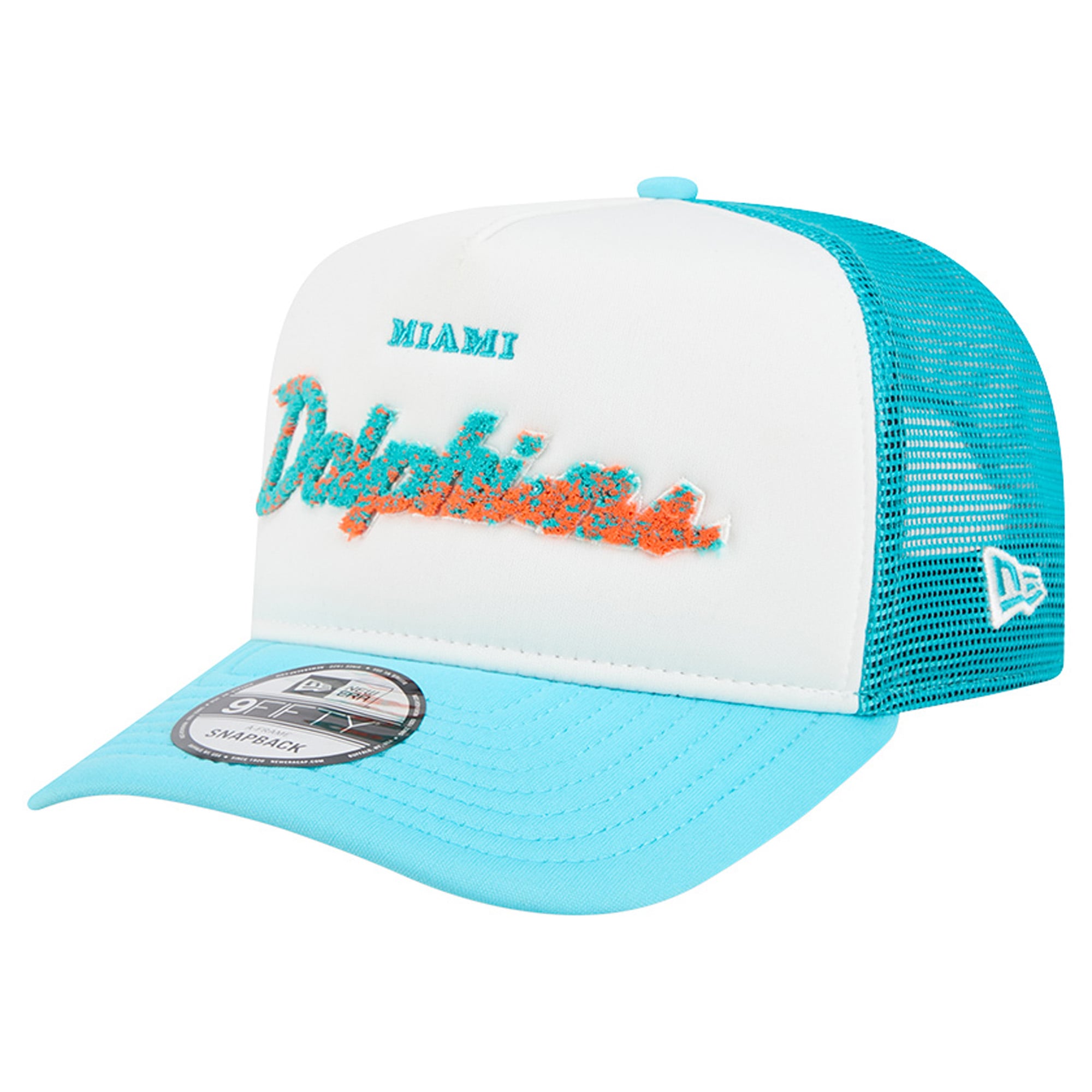 Casquette trucker New Era 9FIFTY Snapback blanche et turquoise Miami Dolphins pour homme