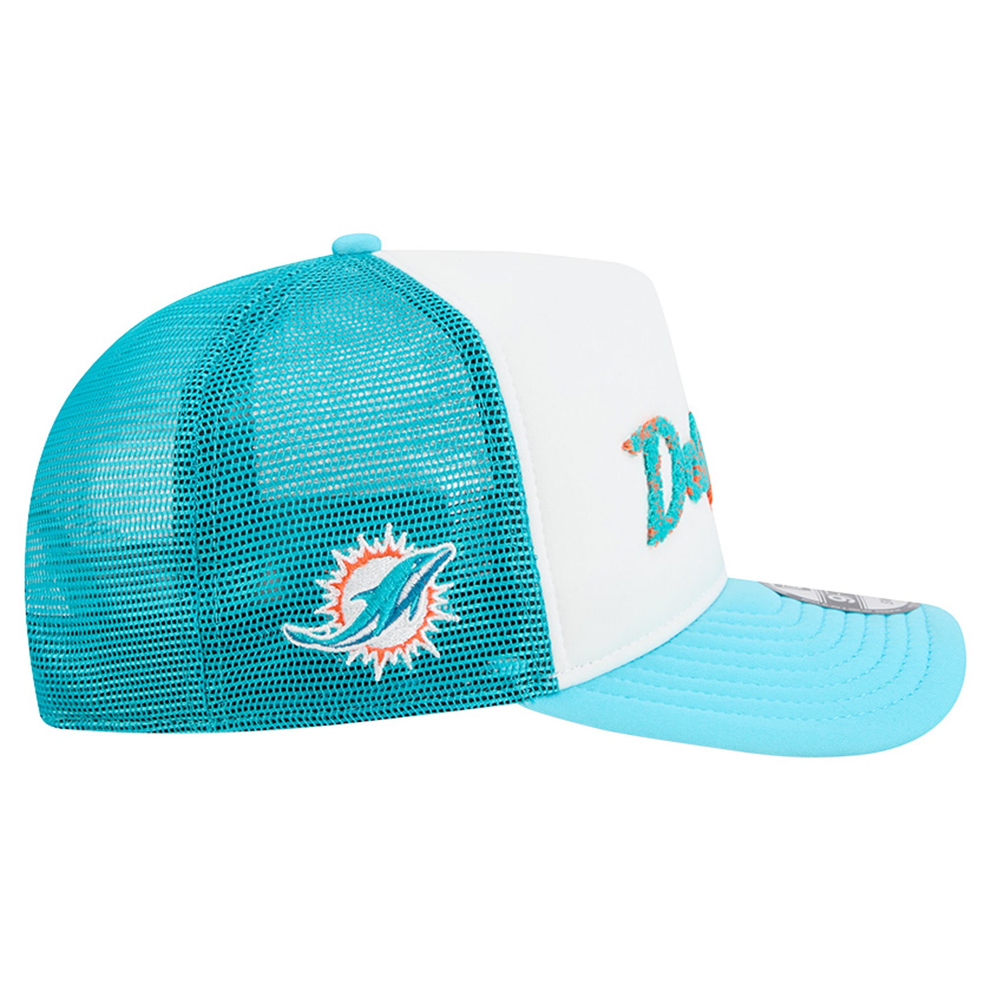 Casquette trucker New Era 9FIFTY Snapback blanche et turquoise Miami Dolphins pour homme