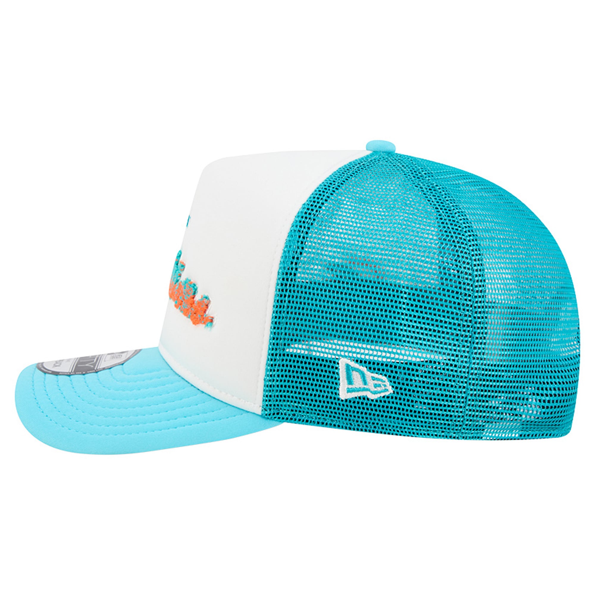 Casquette trucker New Era 9FIFTY Snapback blanche et turquoise Miami Dolphins pour homme
