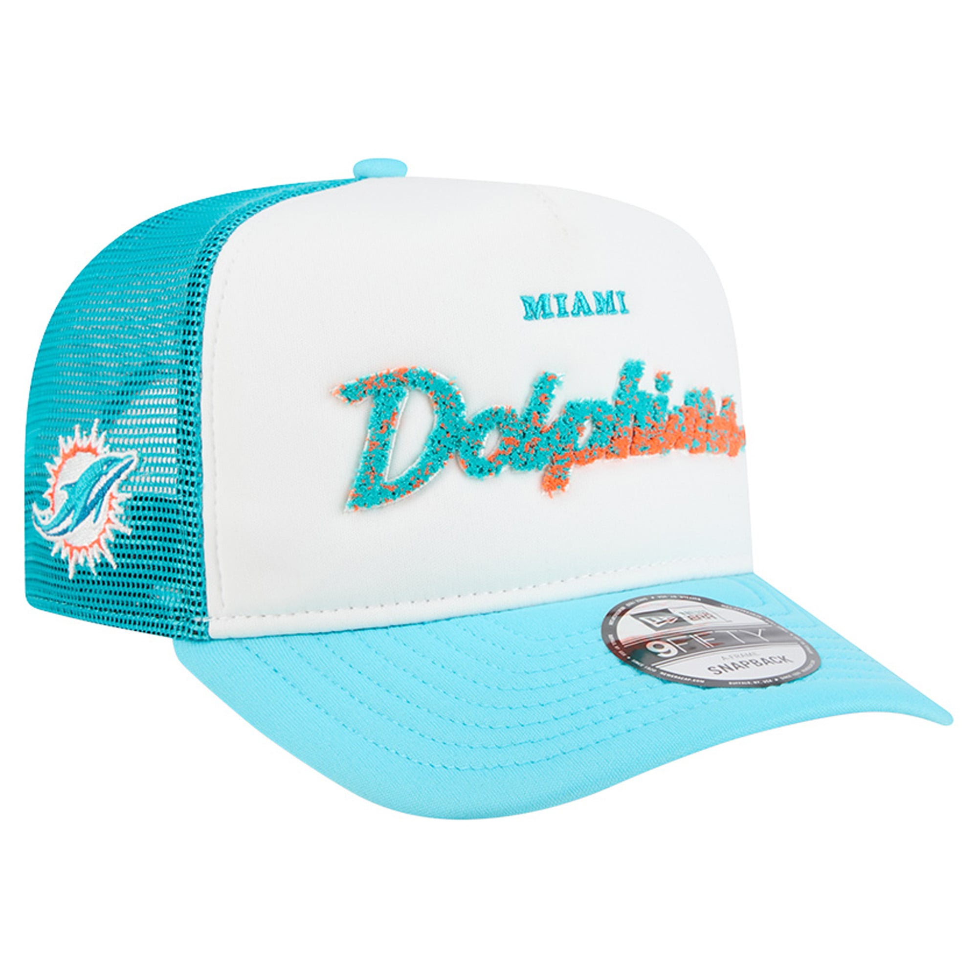 Casquette trucker New Era 9FIFTY Snapback blanche et turquoise Miami Dolphins pour homme
