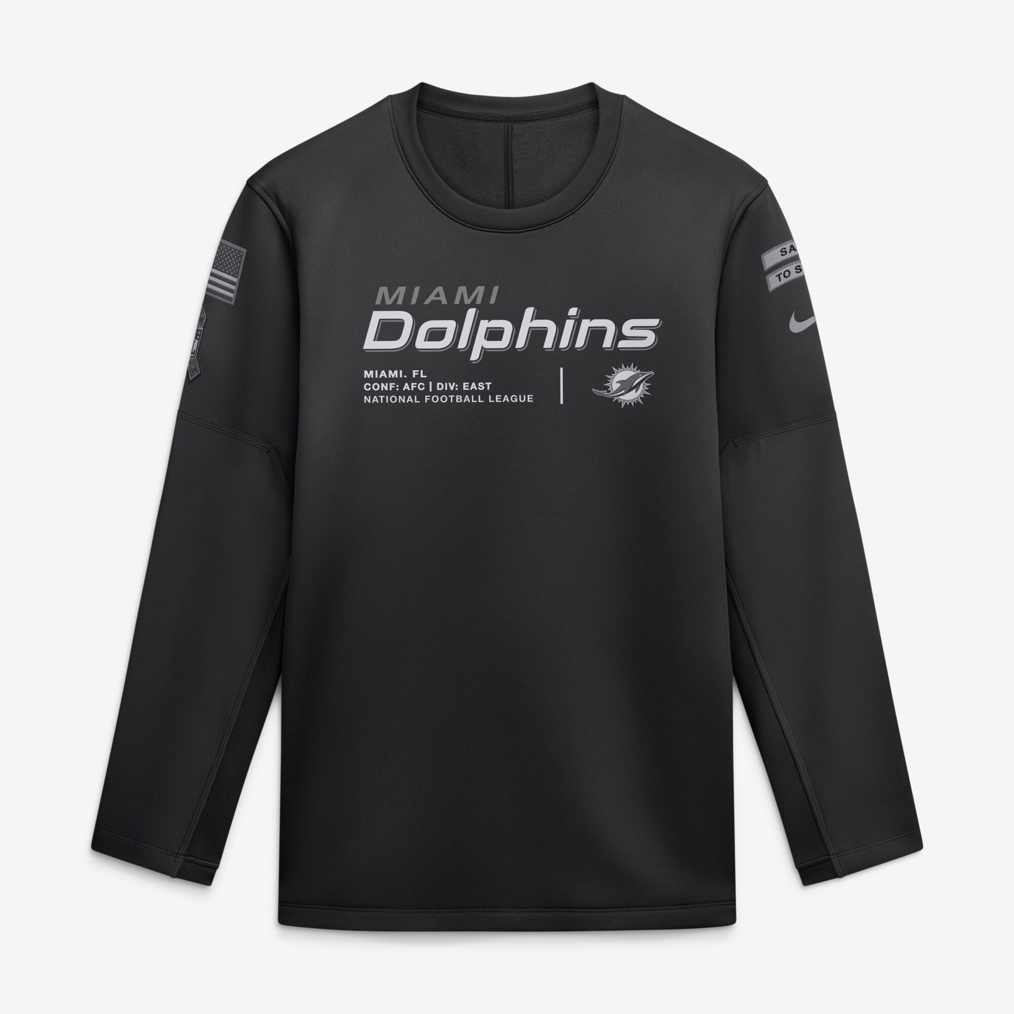 Men's Nike  Black Miami Dolphins 2026 Salute to Service Sideline Coaches Crewneck Therma-FIT Sweatshirt