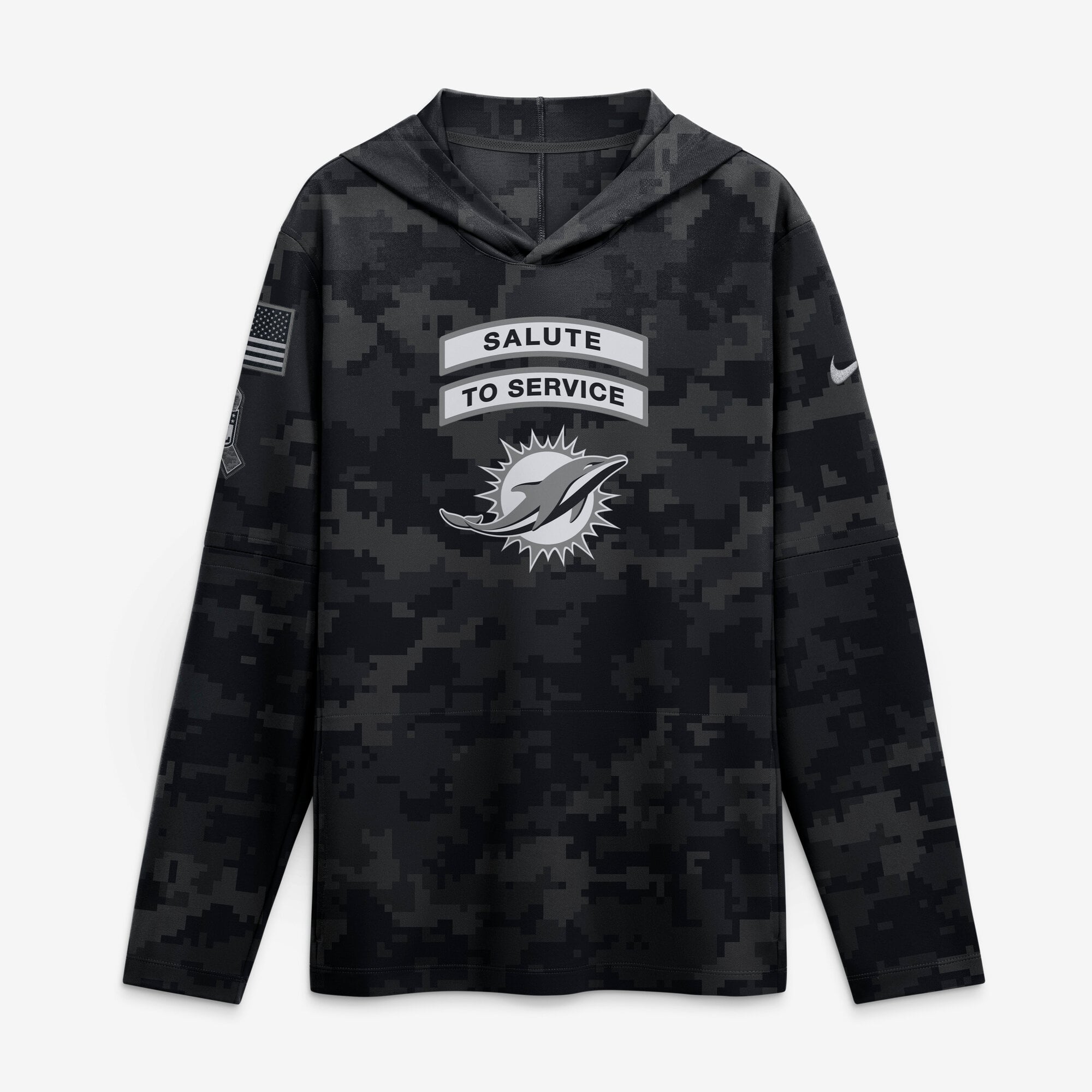 T-shirt à manches longues Nike Miami Dolphins 2026 Salute to Service Sideline, noir, léger, capuche et technologie Dri-FIT, pour homme.
