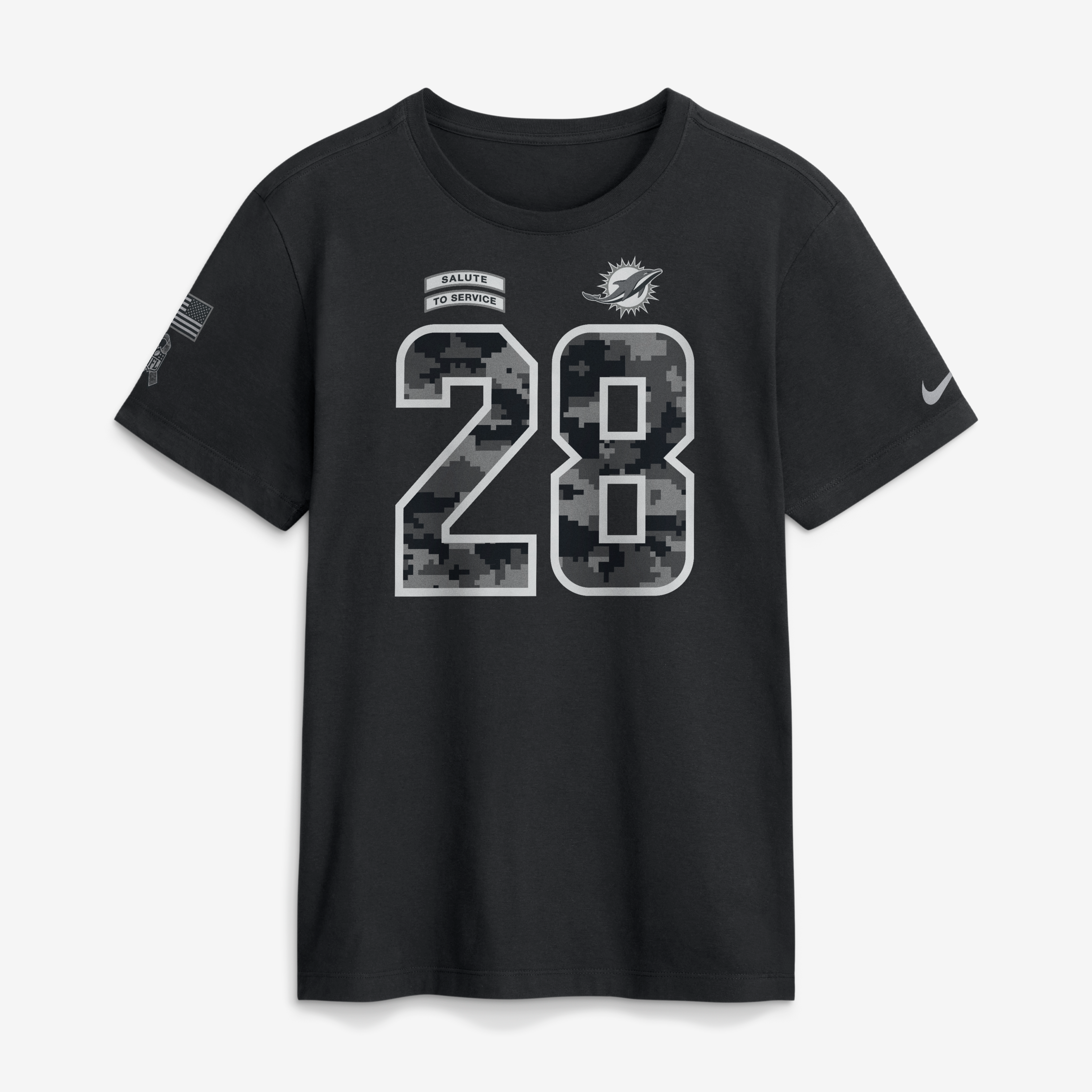 T-shirt Nike De’Von Achane noir pour homme, Miami Dolphins 2026 Salute to Service, nom et numéro