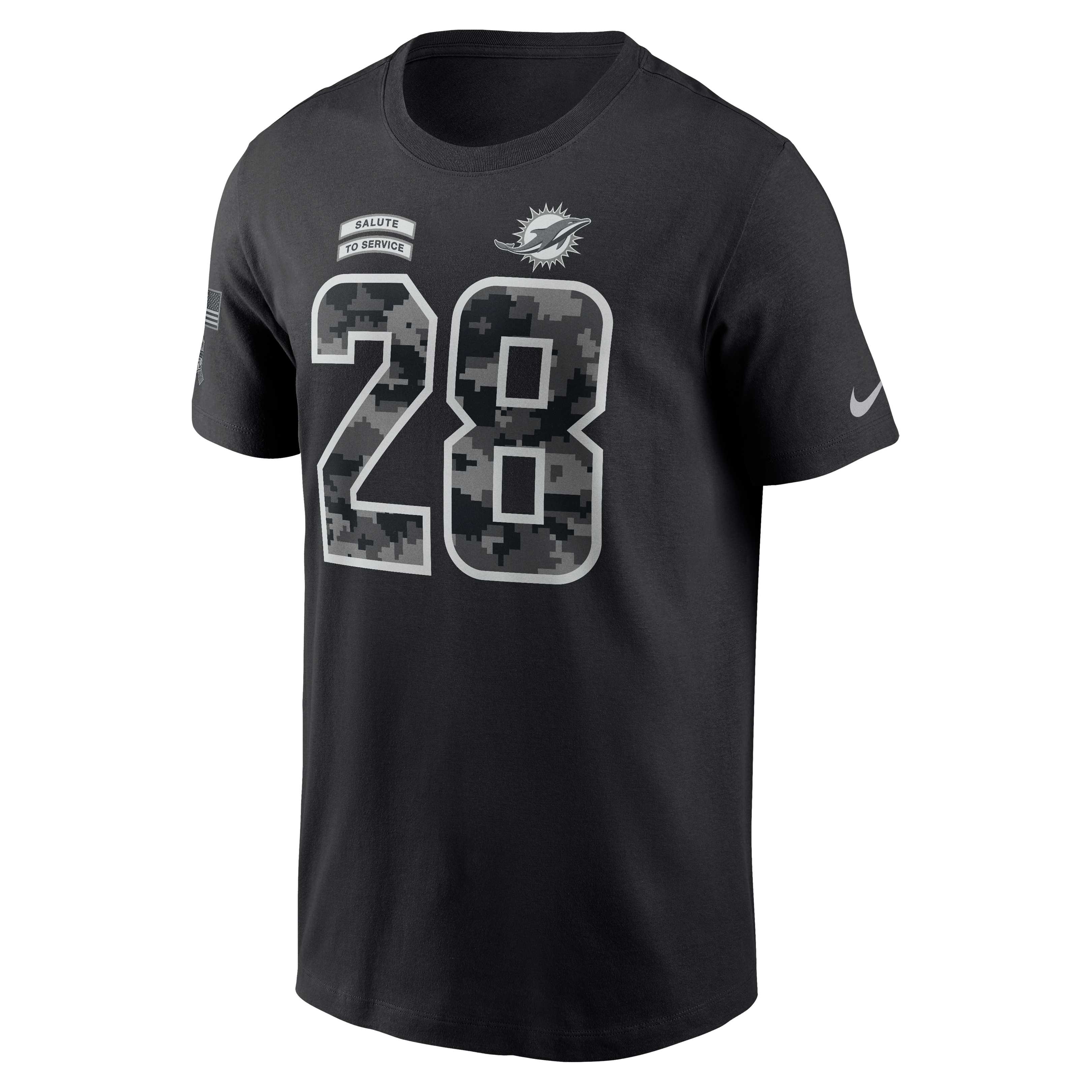 T-shirt Nike De’Von Achane noir pour homme, Miami Dolphins 2026 Salute to Service, nom et numéro