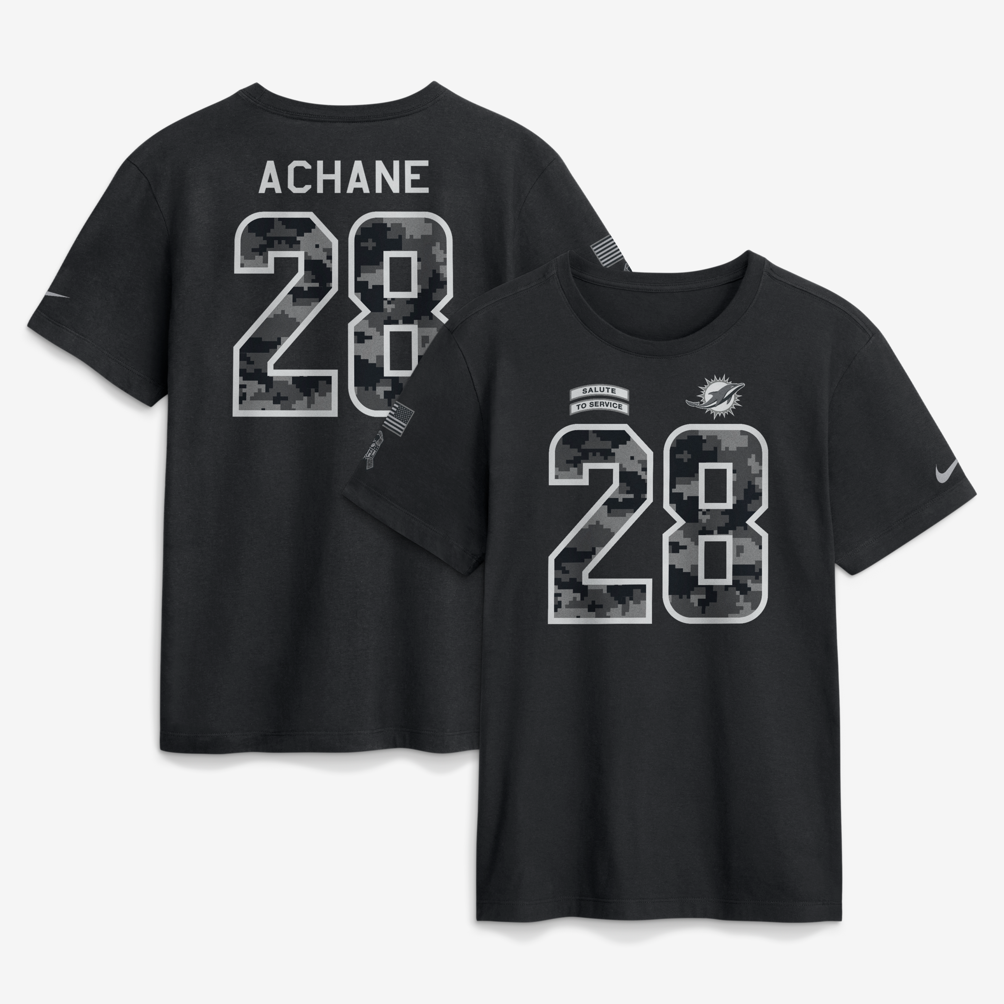 T-shirt Nike De’Von Achane noir pour homme, Miami Dolphins 2026 Salute to Service, nom et numéro