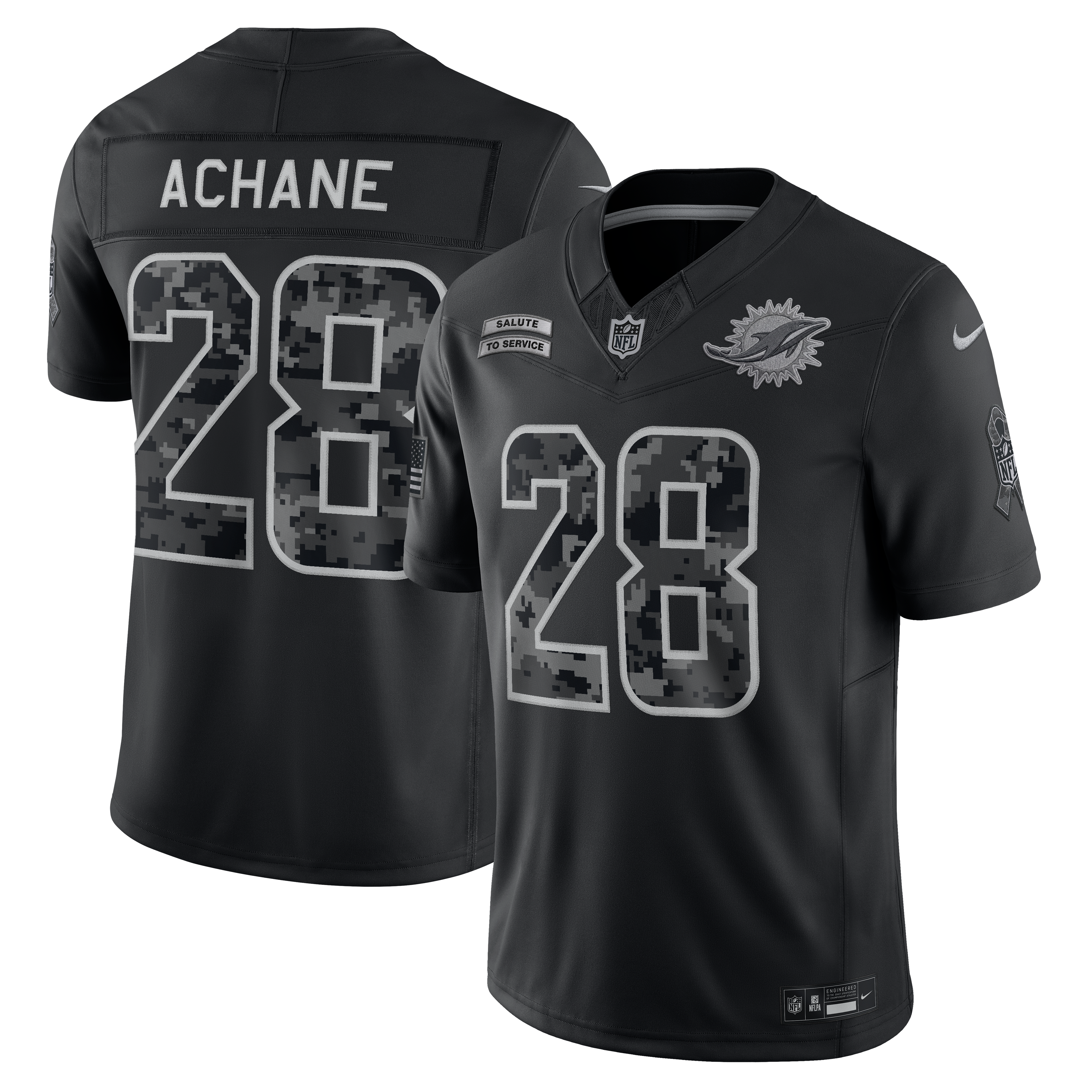 Maillot Nike De’Von Achane noir Miami Dolphins 2026 Salute to Service, édition limitée cousue