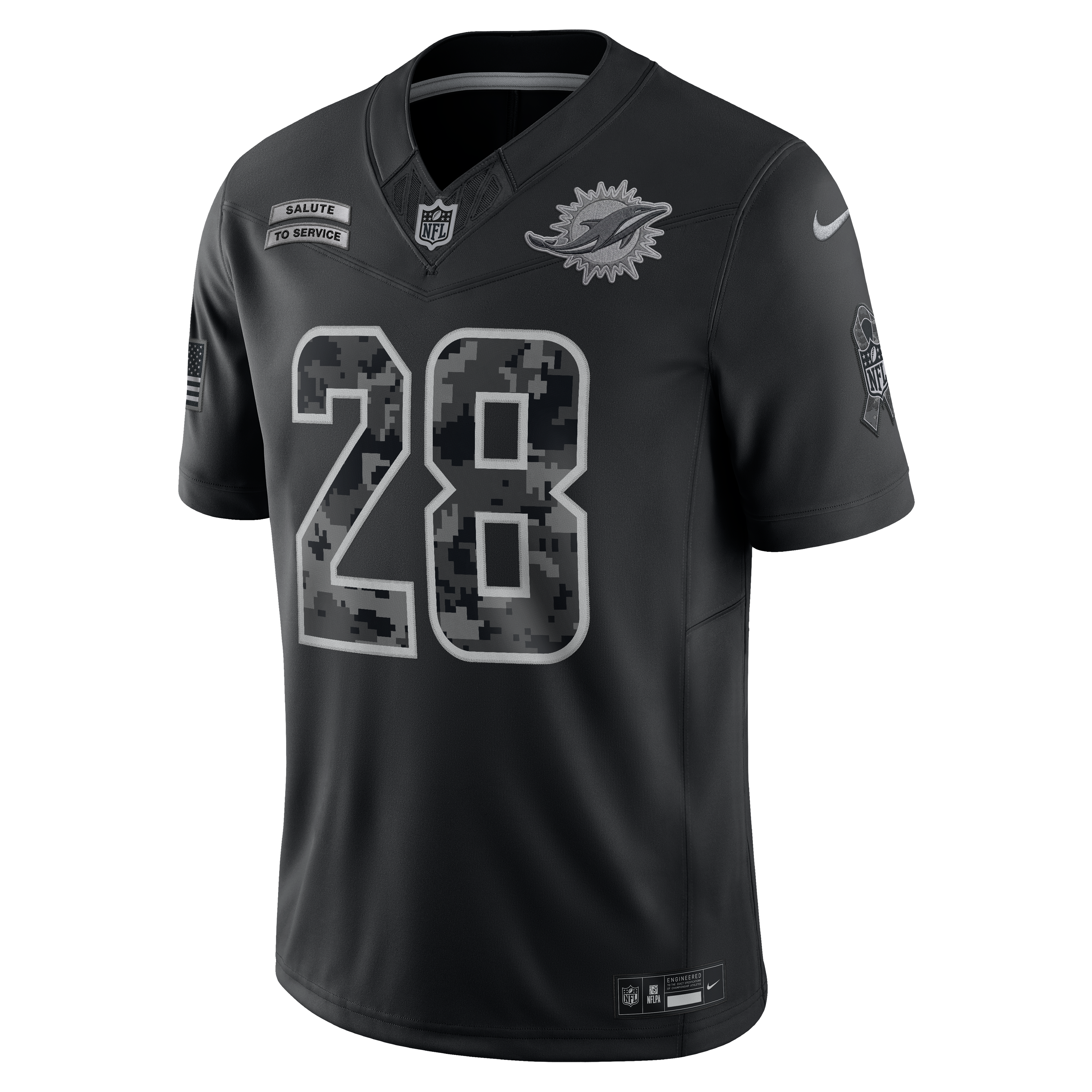 Maillot Nike De’Von Achane noir Miami Dolphins 2026 Salute to Service, édition limitée cousue