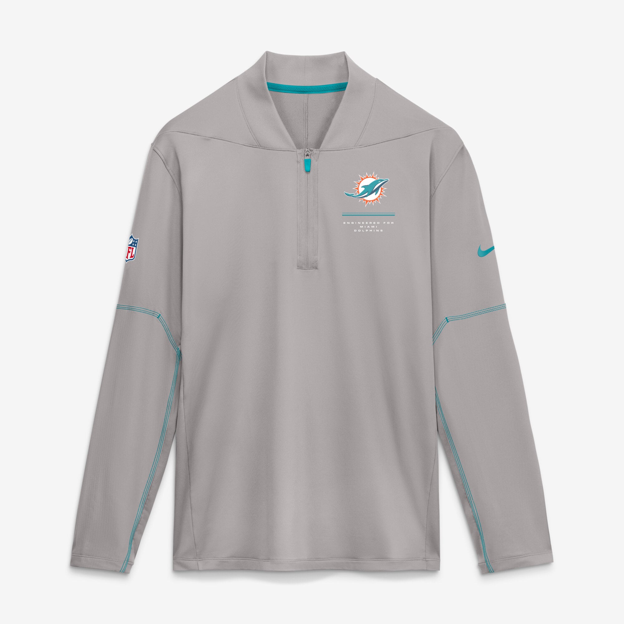 Pull-over Nike pour homme, gris, Miami Dolphins, logo latéral Glory, technologie Dri-FIT, demi-zip.