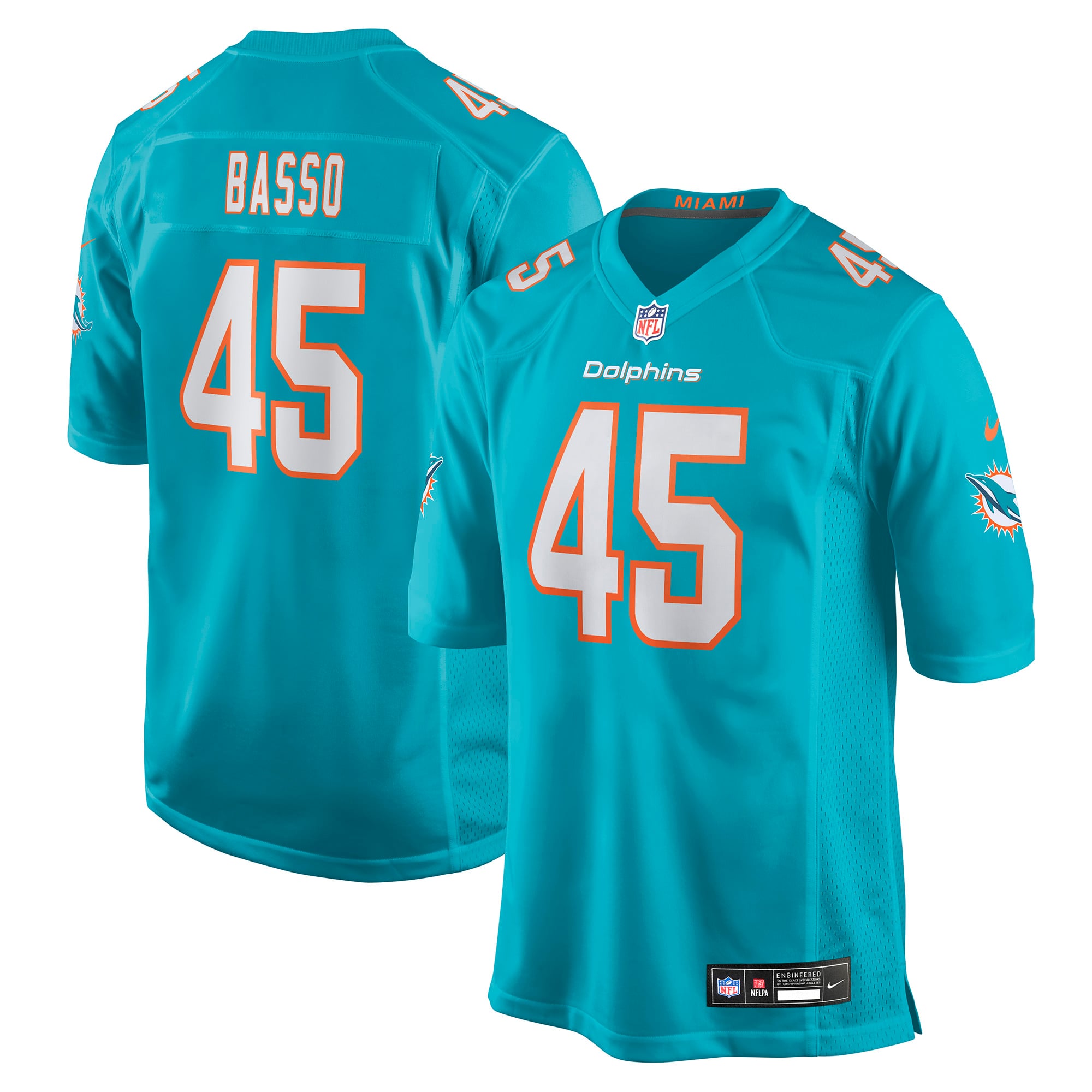 Maillot de match Nike Luke Basso Aqua Miami Dolphins pour homme