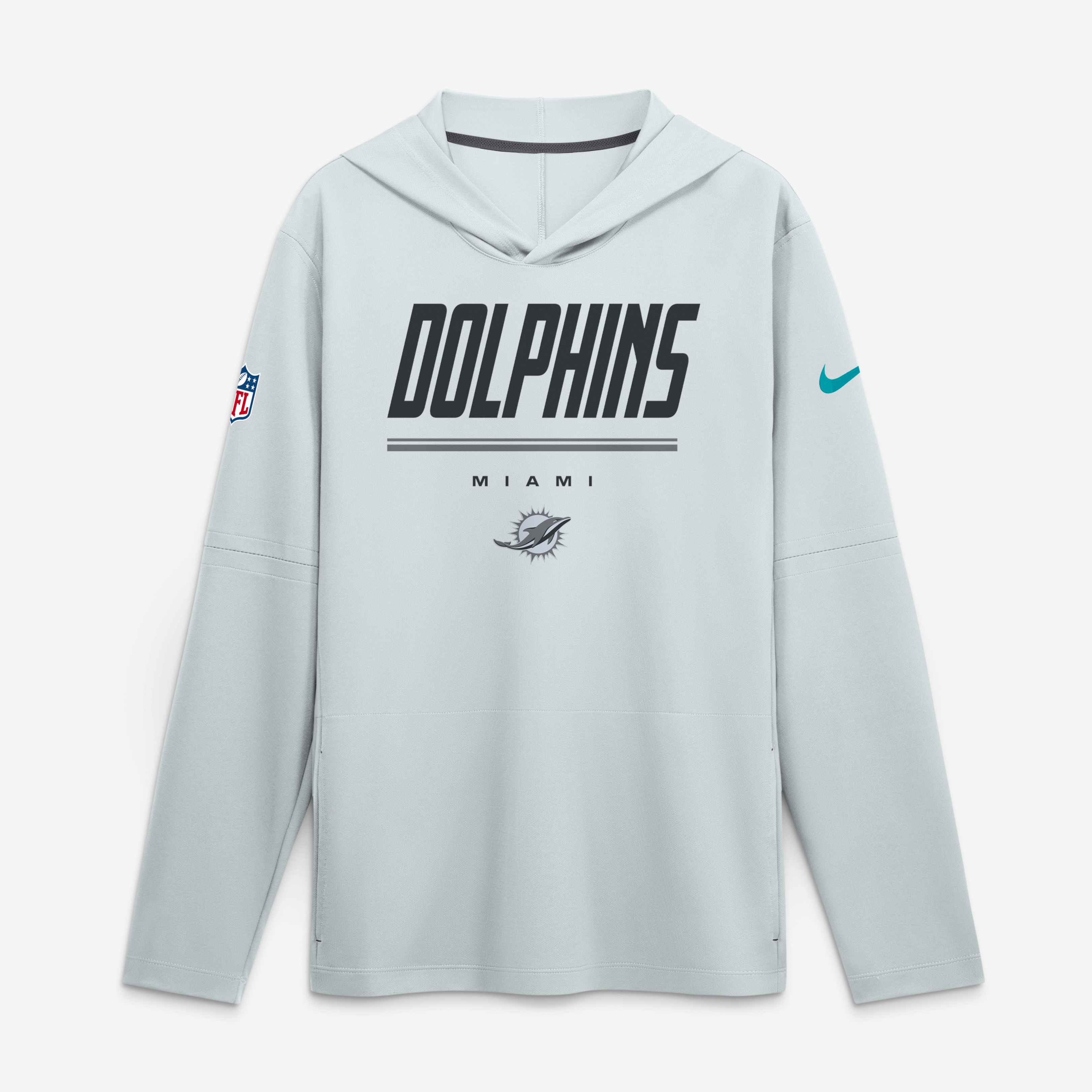 Men's Nike Platinum Miami Dolphins Sideline Game On Lightweight Long Sleeve Hooded Dri-FIT Top