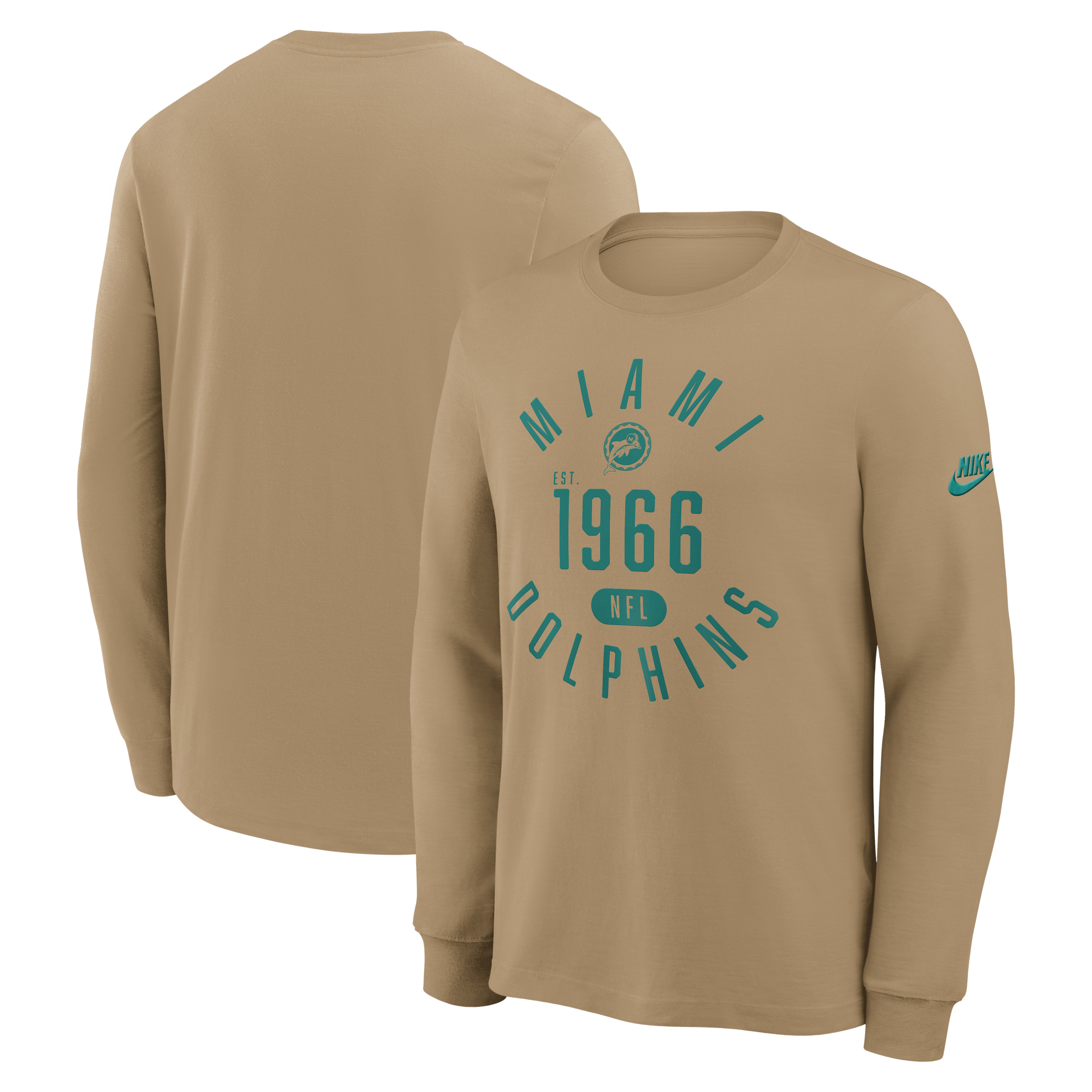 T-shirt à manches longues Nike Miami Dolphins Blitz Package Rewind Slub Dri-FIT pour homme, couleur beige.