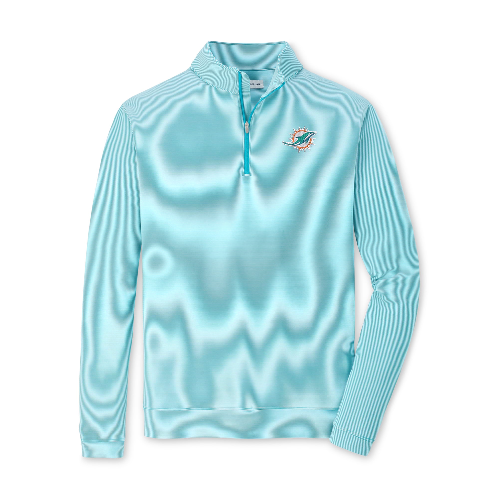 Pull à col zippé Peter Millar pour homme, motif Miami Dolphins Perth Sugar Stripe, bleu turquoise et blanc.