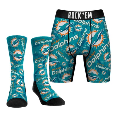  Miami Dolphins Rock Em All-Over Logo Underwear and Crew Socks Combo Pack - 