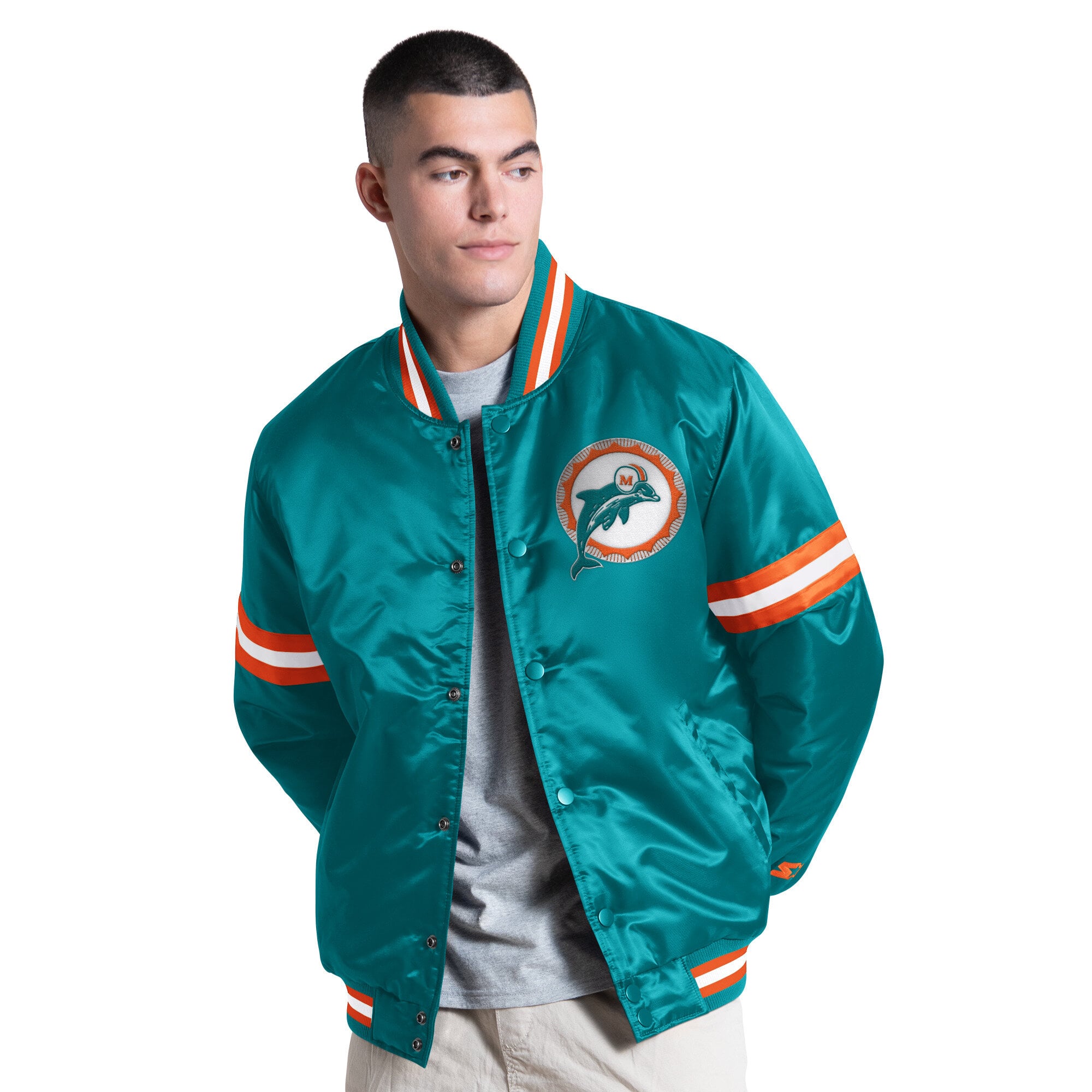 Veste universitaire rétro à boutons-pression Starter Aqua Miami Dolphins Courtside pour homme