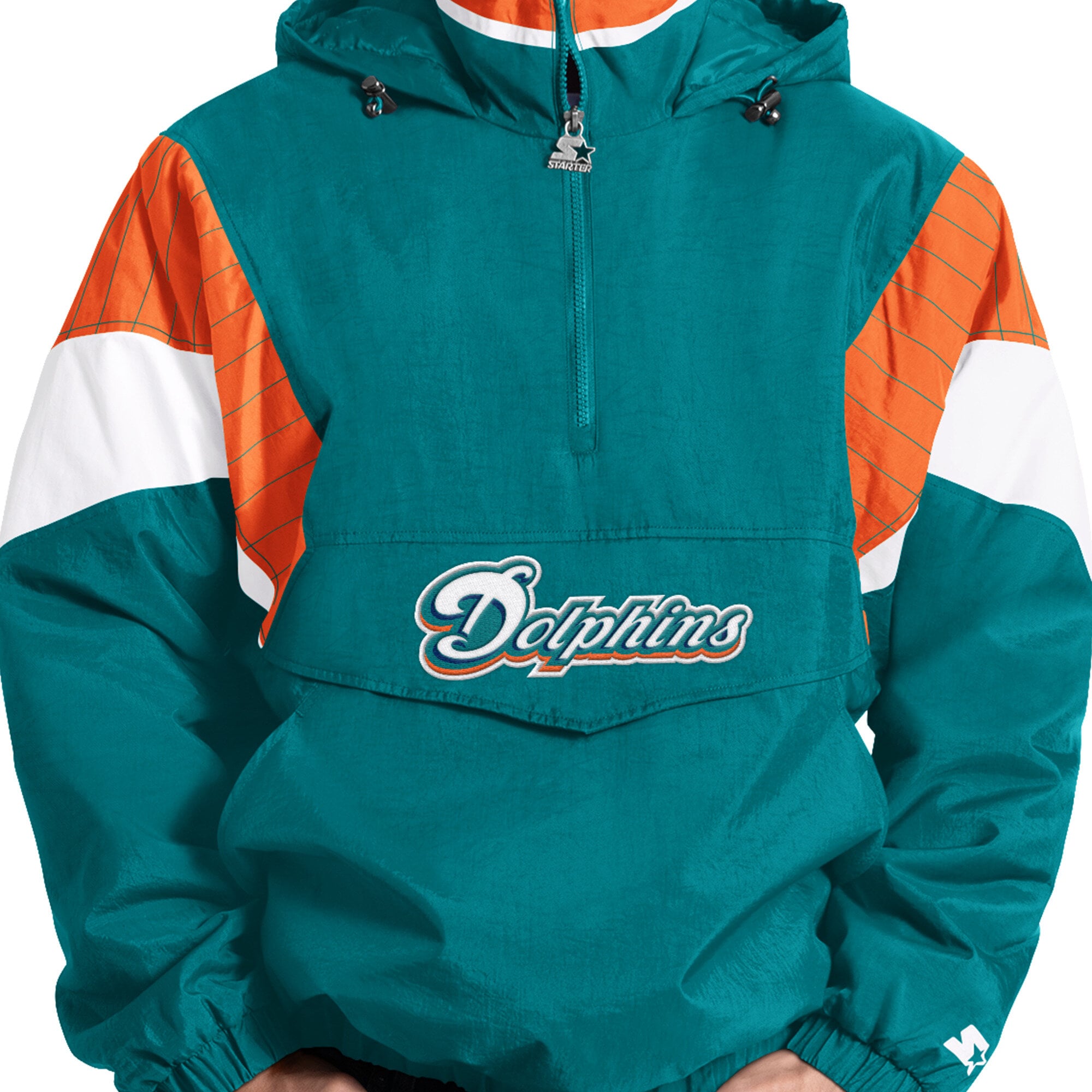 Veste à capuche demi-zip Starter Aqua Miami Dolphins pour homme, logo rétro, modèle Throwback.