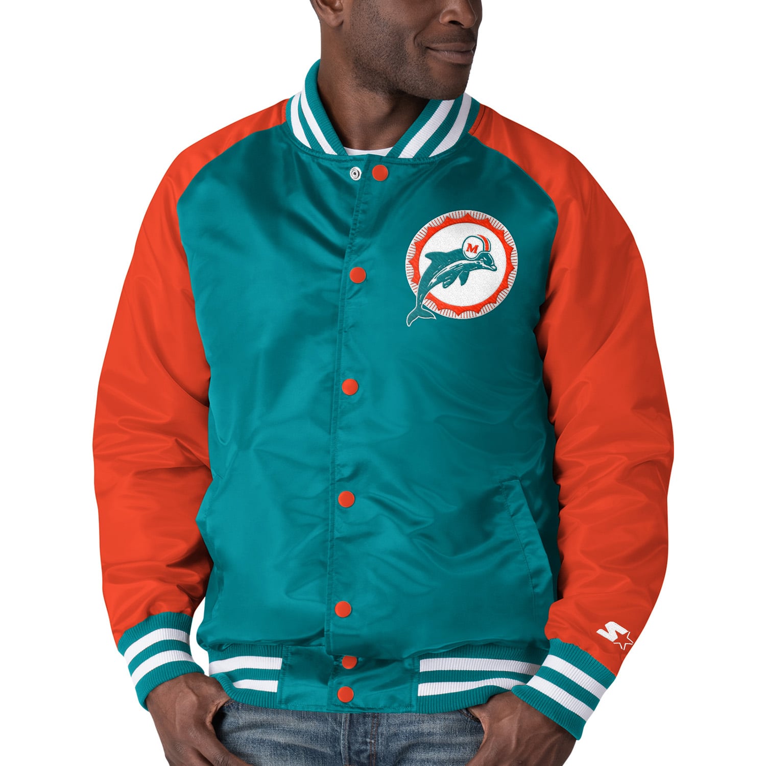 Men's Starter Aqua/Orange Miami Dolphins Lead Off Satin Varsity Jacket