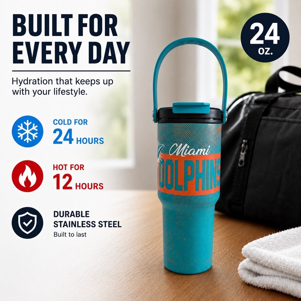 Gourde Pegasus Miami Dolphins 710 ml (24 oz) en acier inoxydable à dégradé moucheté et double bouchon