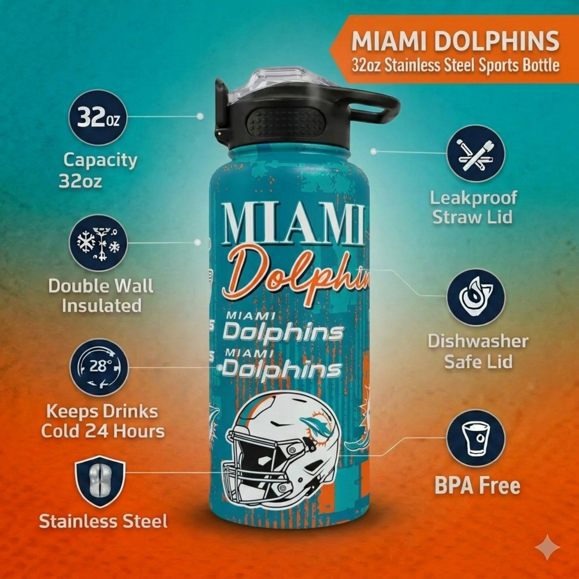 Gourde Pegasus Miami Dolphins 32 oz Home Field Mashup en acier inoxydable ProPress