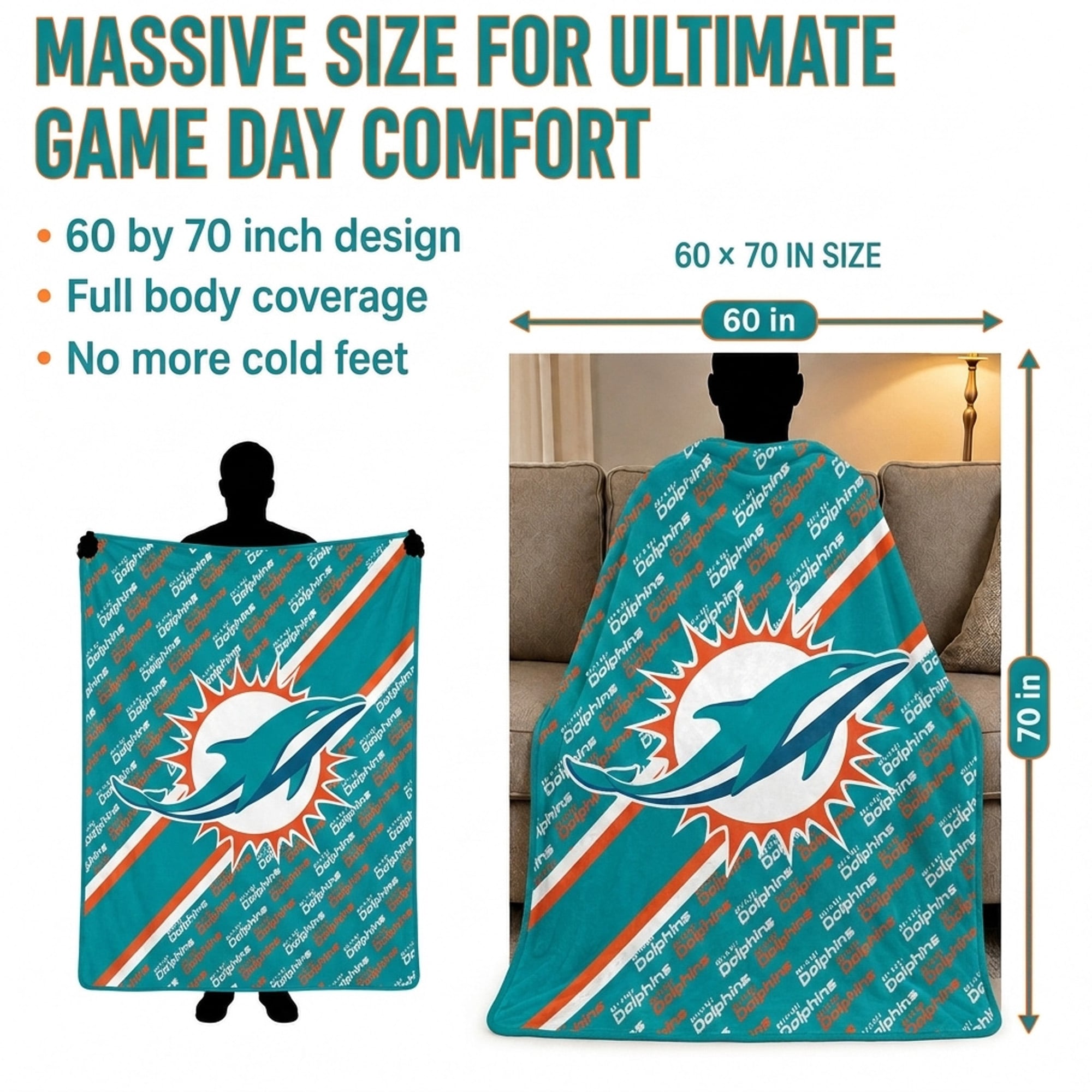 Pegasus Miami Dolphins 60" x 70" Diagonal Lined Wordmark Ultra Soft Blanket