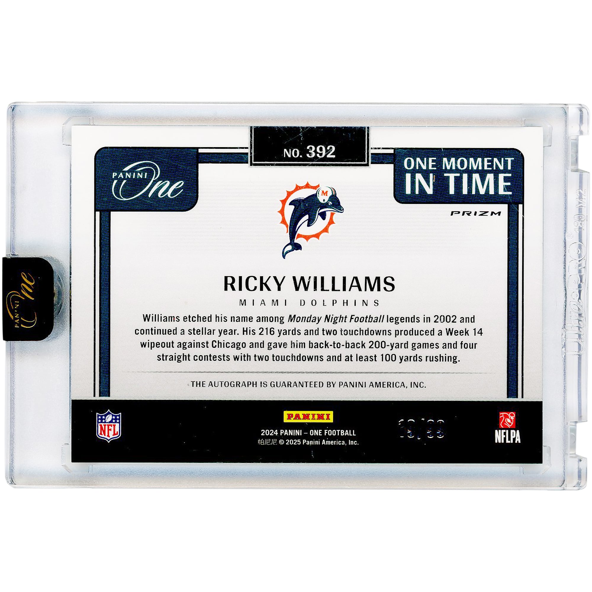 Ricky Williams Miami Dolphins Autographed 2024 Panini One Moment in Time #392 #19/99 Card