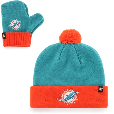 Miami Dolphins '47 Toddler Bam Bam Cuffed Knit Hat with Pom and Mittens Set - Aqua/Orange