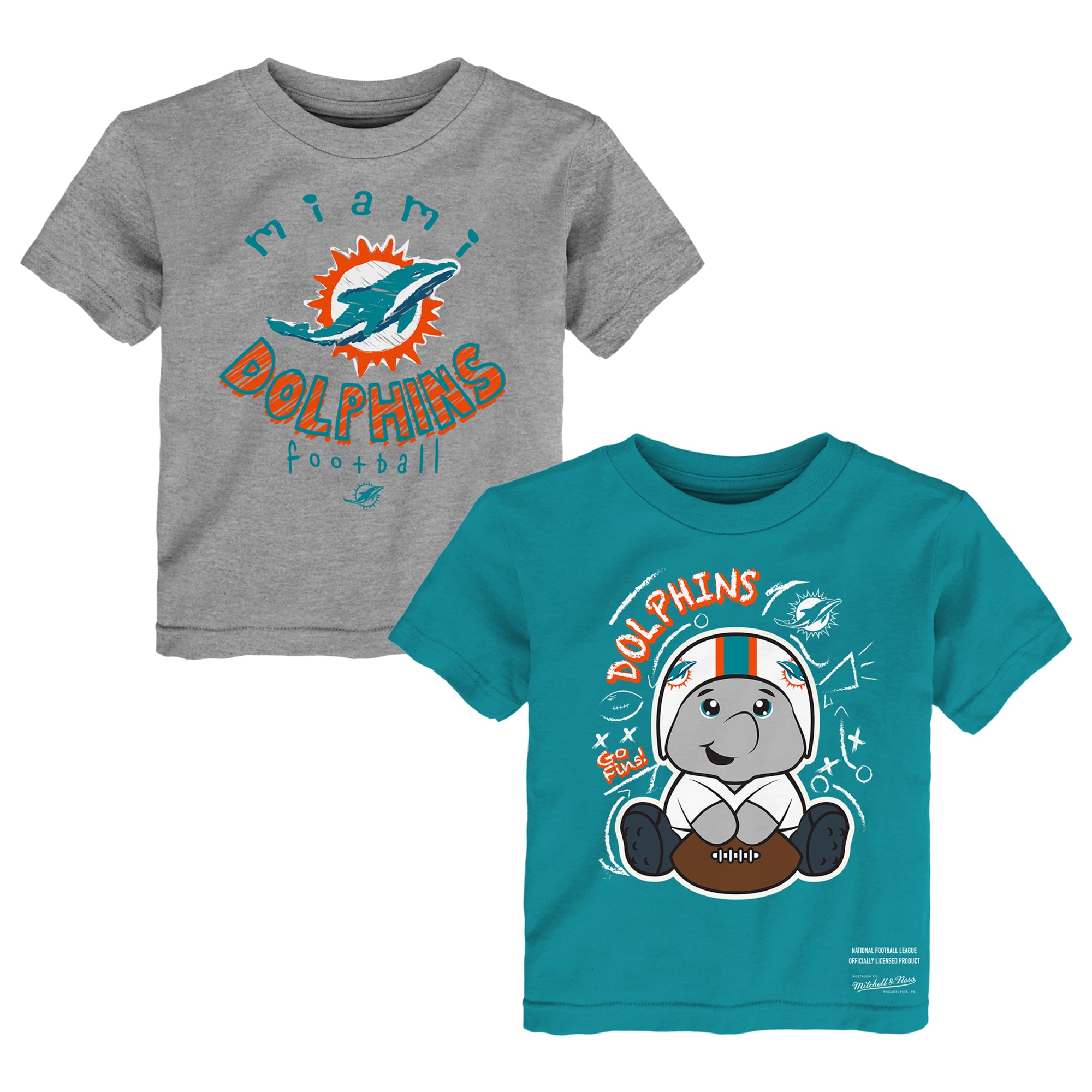 Ensemble de deux t-shirts Mitchell & Ness pour tout-petits, motif croquis Miami Dolphins, bleu turquoise/gris chiné