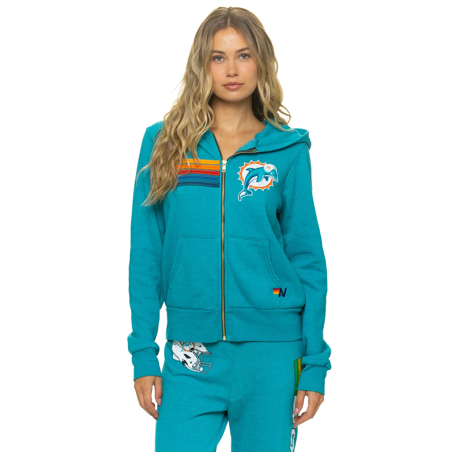 Sweat à capuche unisexe Aviator Nation Aqua Miami Dolphins en mélange de trois matières, fermeture éclair intégrale