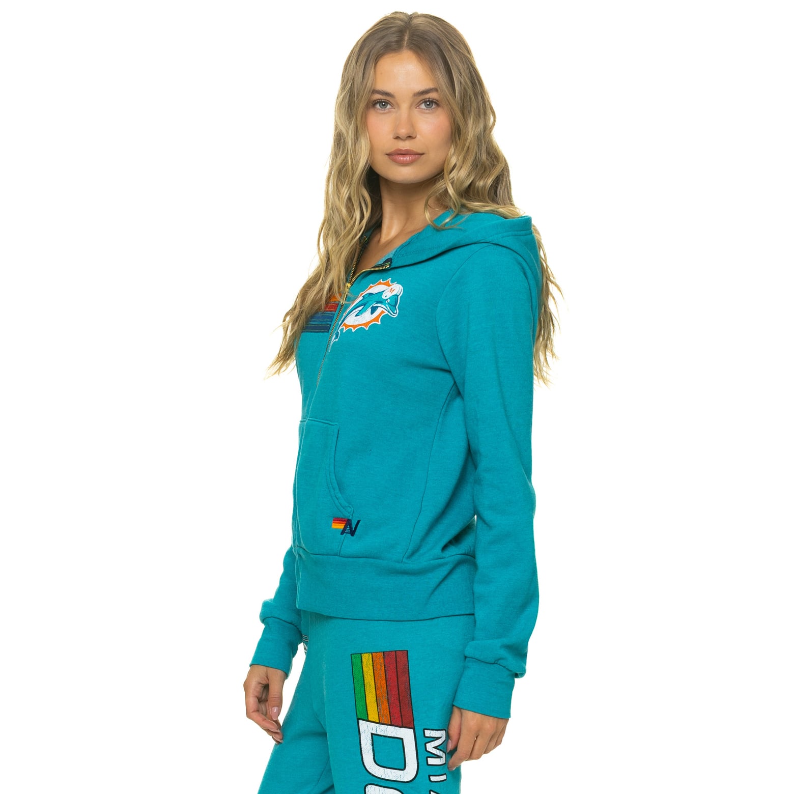 Sweat à capuche unisexe Aviator Nation Aqua Miami Dolphins en mélange de trois matières, fermeture éclair intégrale