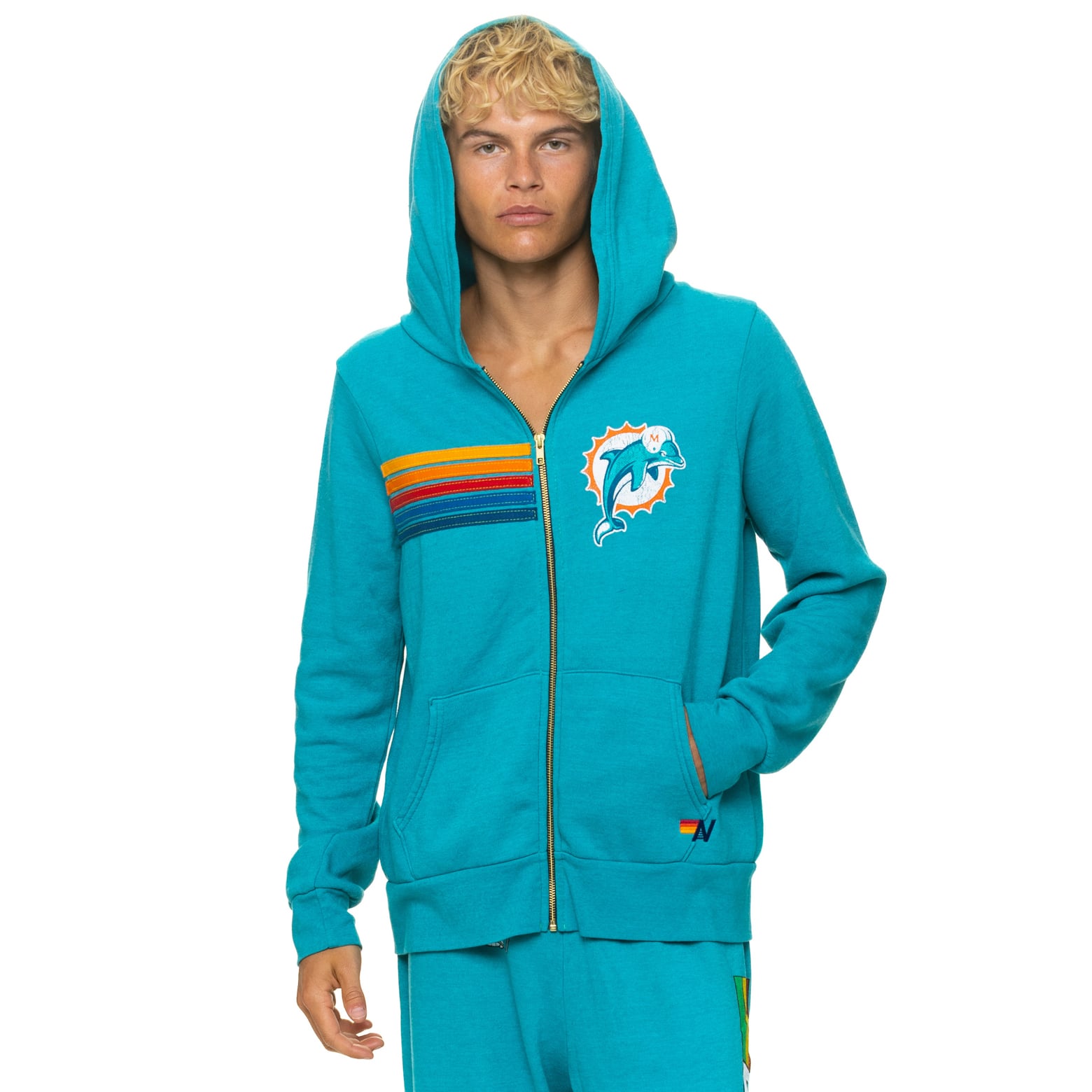 Sweat à capuche unisexe Aviator Nation Aqua Miami Dolphins en mélange de trois matières, fermeture éclair intégrale