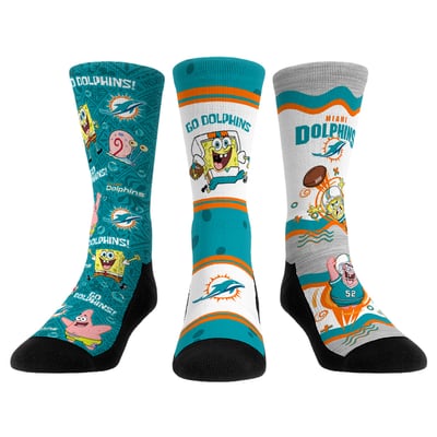  Miami Dolphins Rock Em Unisex x Nickelodeon Spongebob Squarepants 3-Pack Crew Socks Set - 