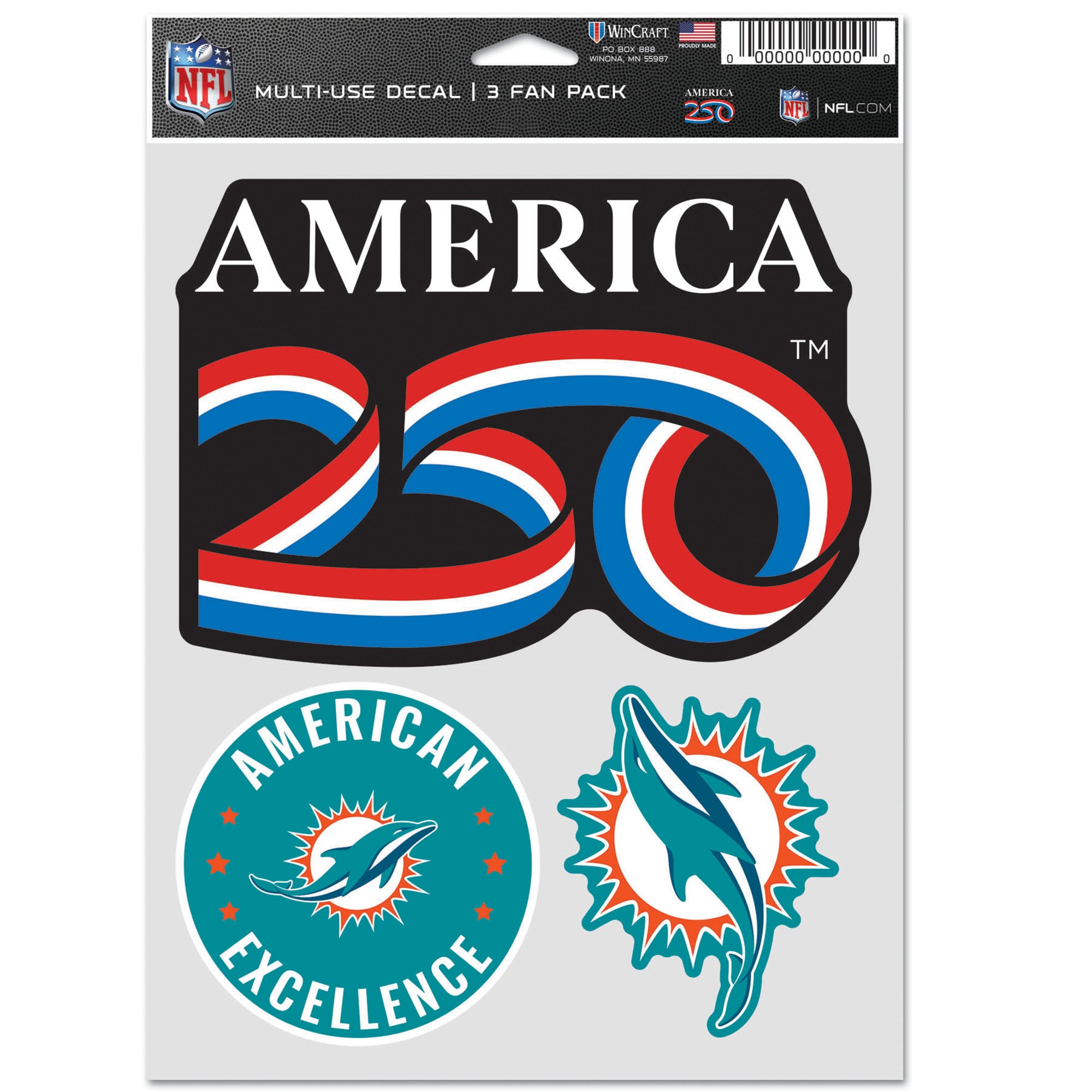 WinCraft Miami Dolphins America 250 5.5" x 7.75" Three-Piece Fan Decal Set
